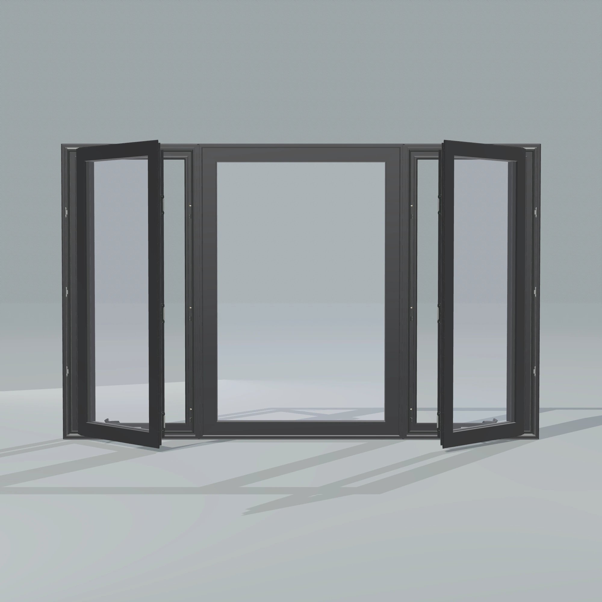 Straight exterior view of the 84 × 52 inch triple casement–fixed combination, black exterior / black interior, without nailing flange, casement sashes open 45 degrees