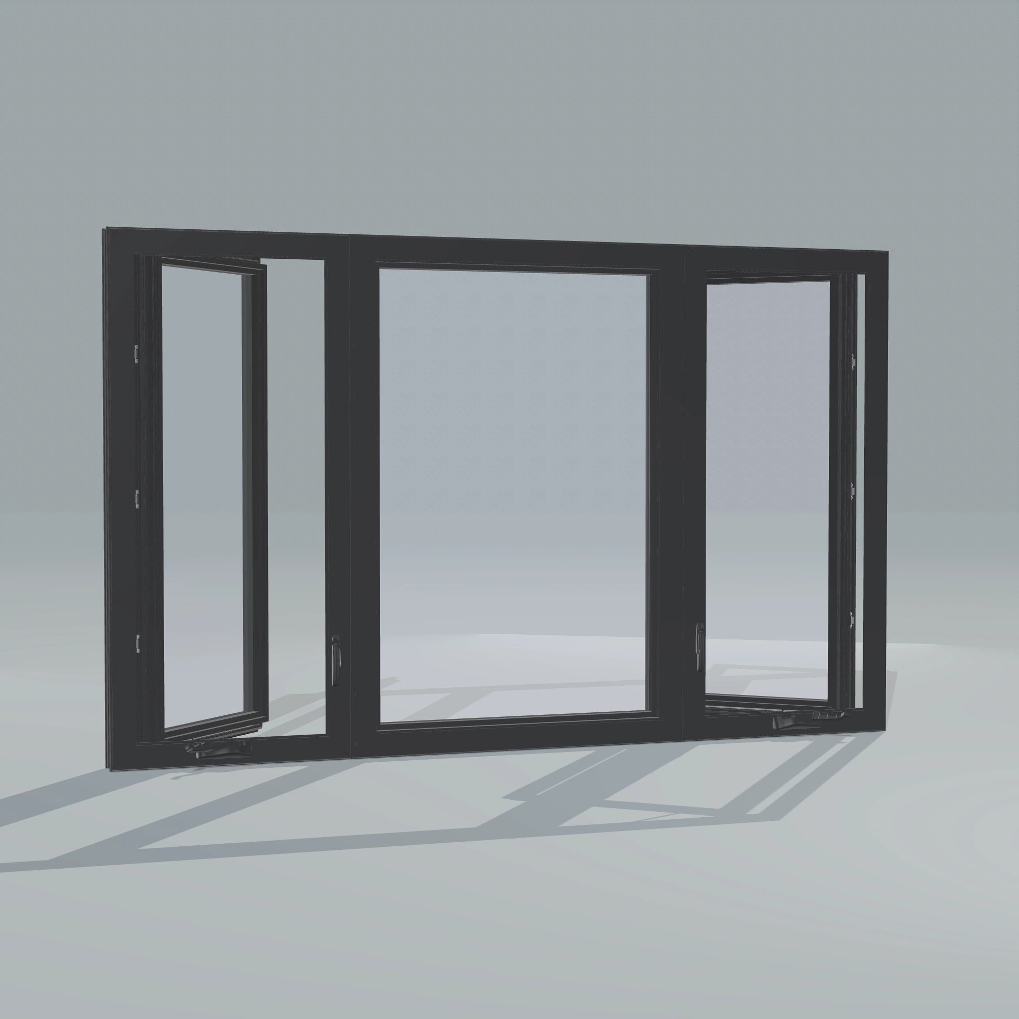 Angled interior view of the 84 × 52 inch triple casement–fixed combination, black exterior / black interior, without nailing flange, casement sashes open 45 degrees