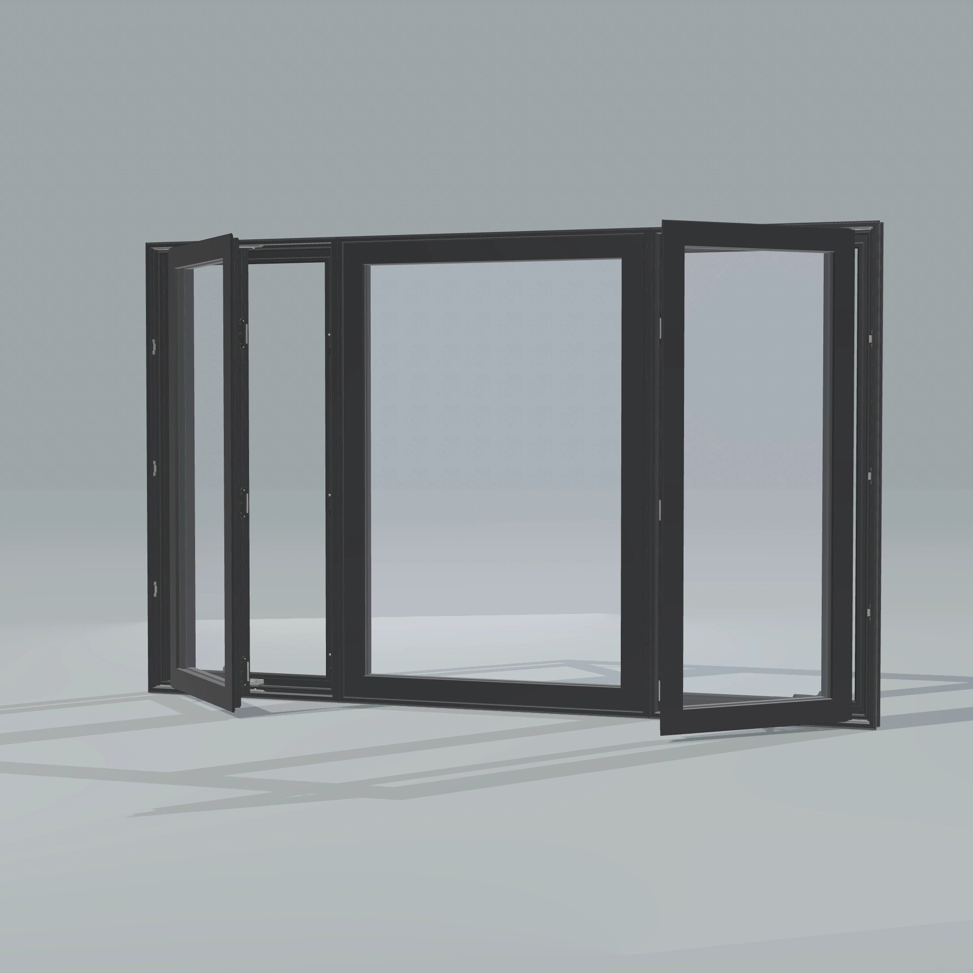 Opposite exterior angle of the 84 × 52 inch triple casement–fixed combination, black exterior / black interior, without nailing flange, casement sashes open 45 degrees