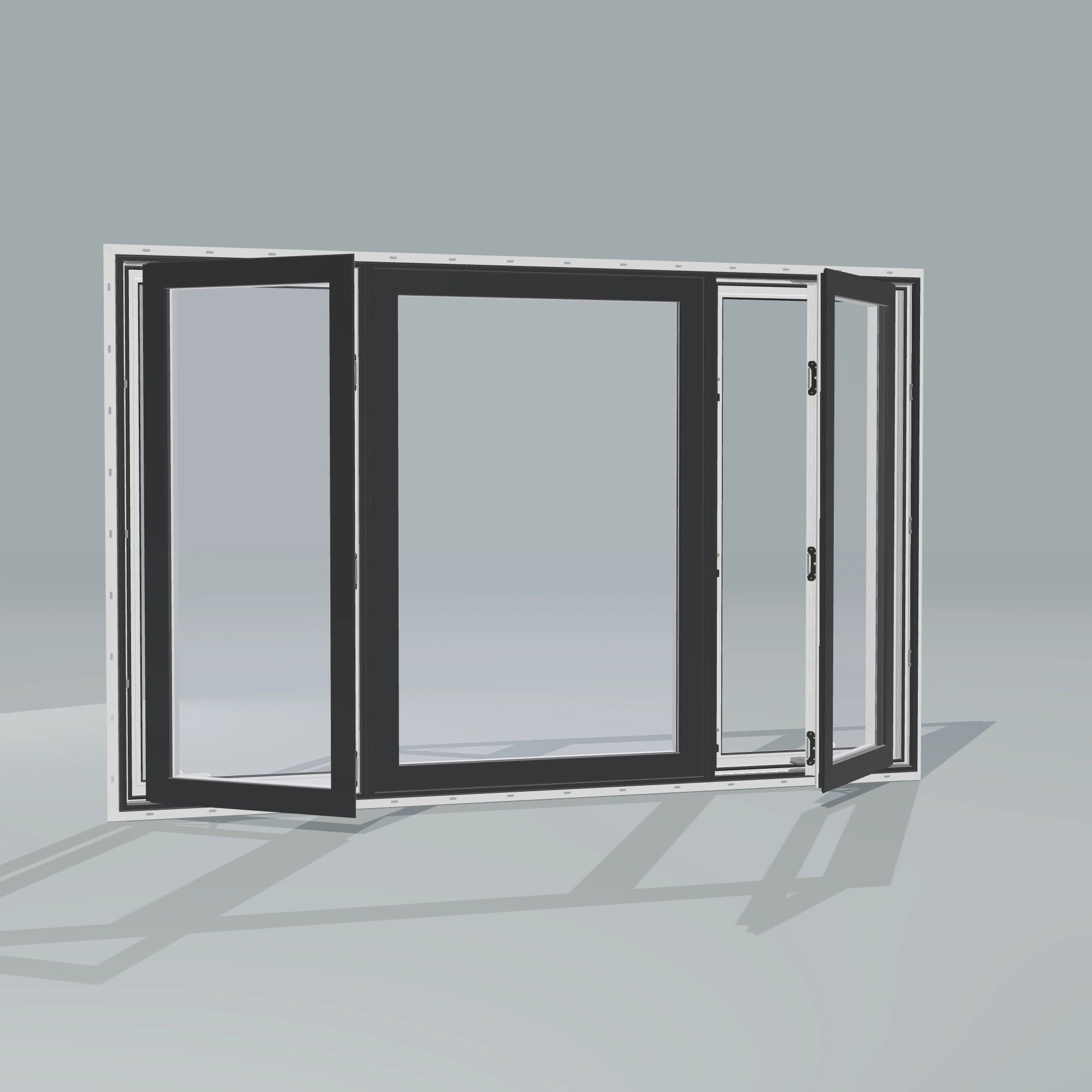 Angled exterior configurator view of the 84 × 52 inch triple casement–fixed combination, black exterior / white interior, with nailing flange, casement sashes open 45 degrees