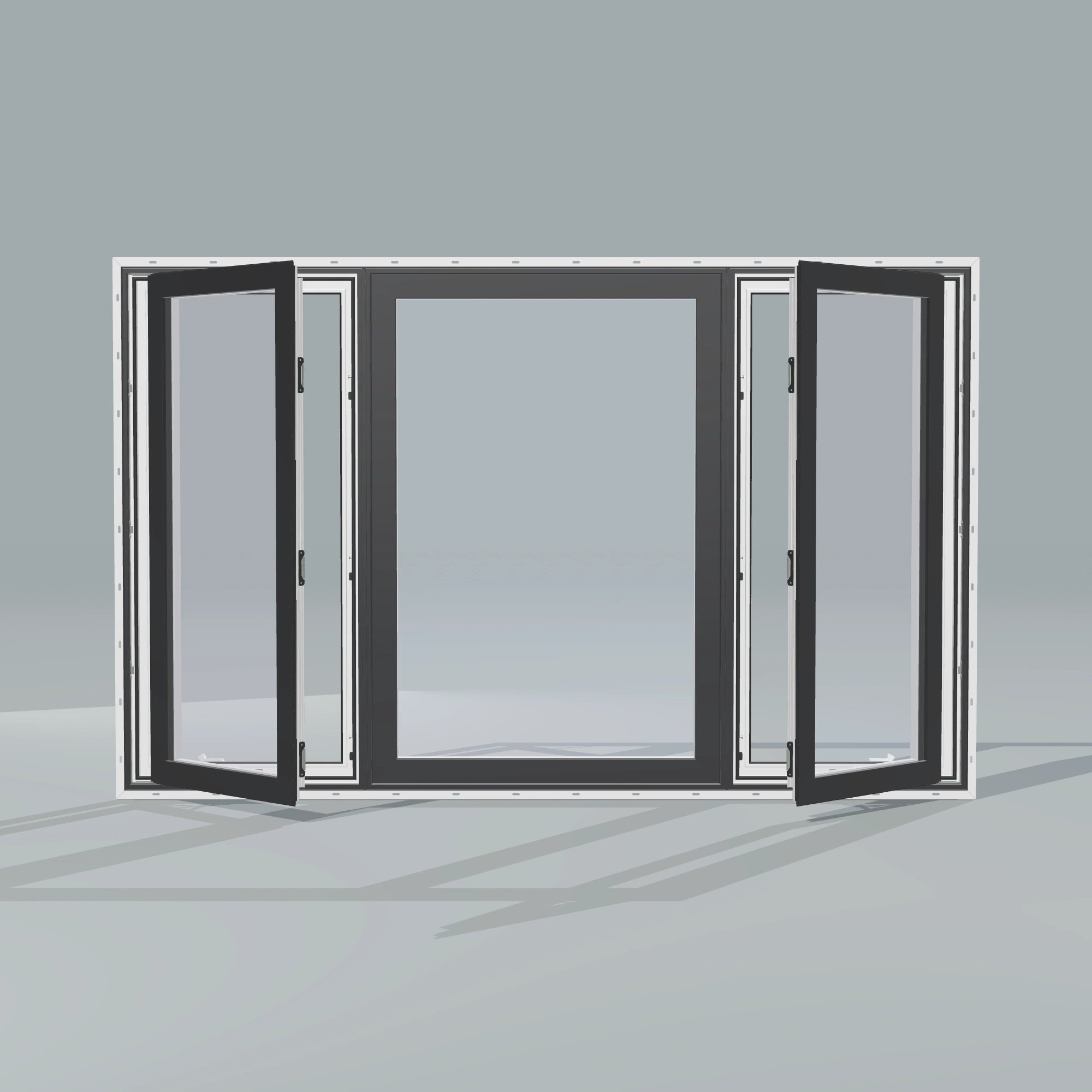 Straight exterior view of the 84 × 52 inch triple casement–fixed combination, black exterior / white interior, with nailing flange, casement sashes open 45 degrees