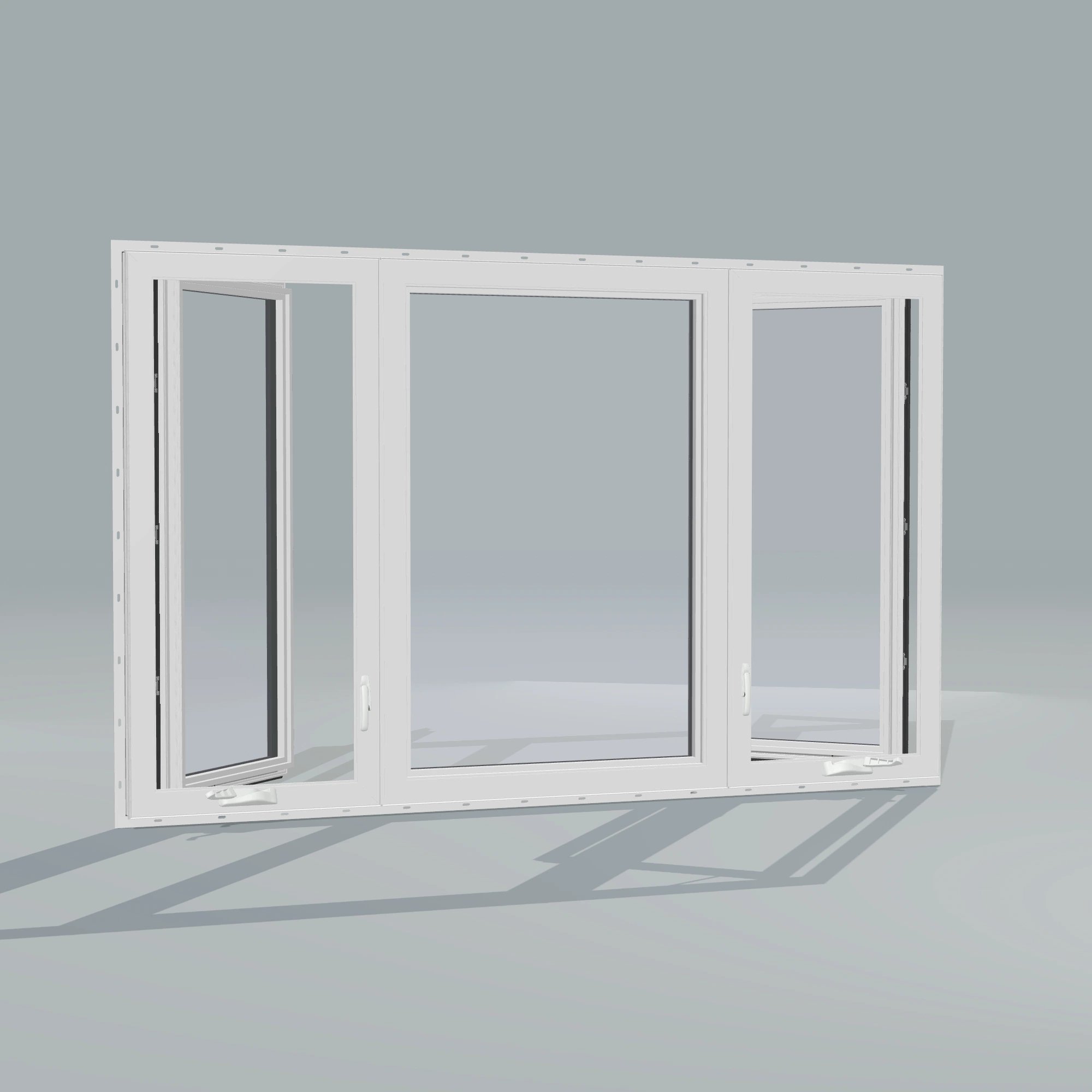 Angled interior view of the 84 × 52 inch triple casement–fixed combination, black exterior / white interior, with nailing flange, casement sashes open 45 degrees