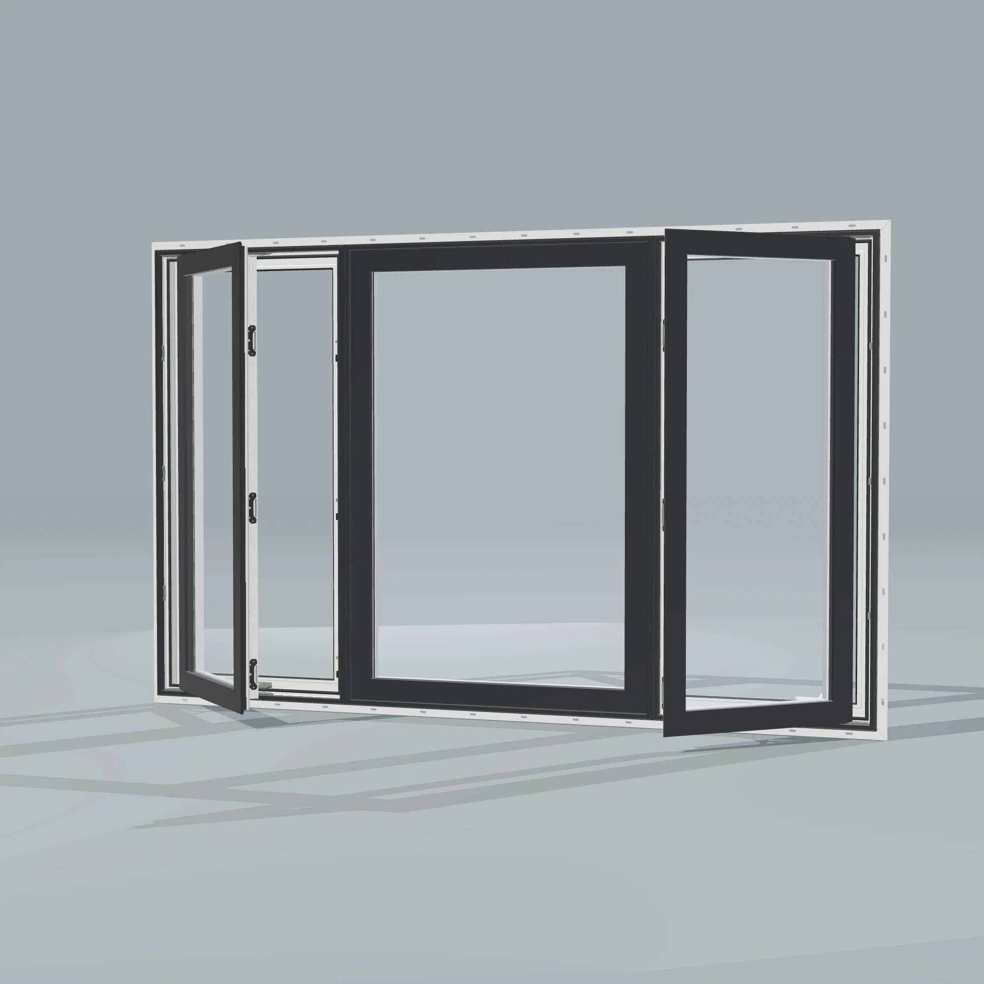Opposite exterior angle of the 84 × 52 inch triple casement–fixed combination, black exterior / white interior, with nailing flange, casement sashes open 45 degrees