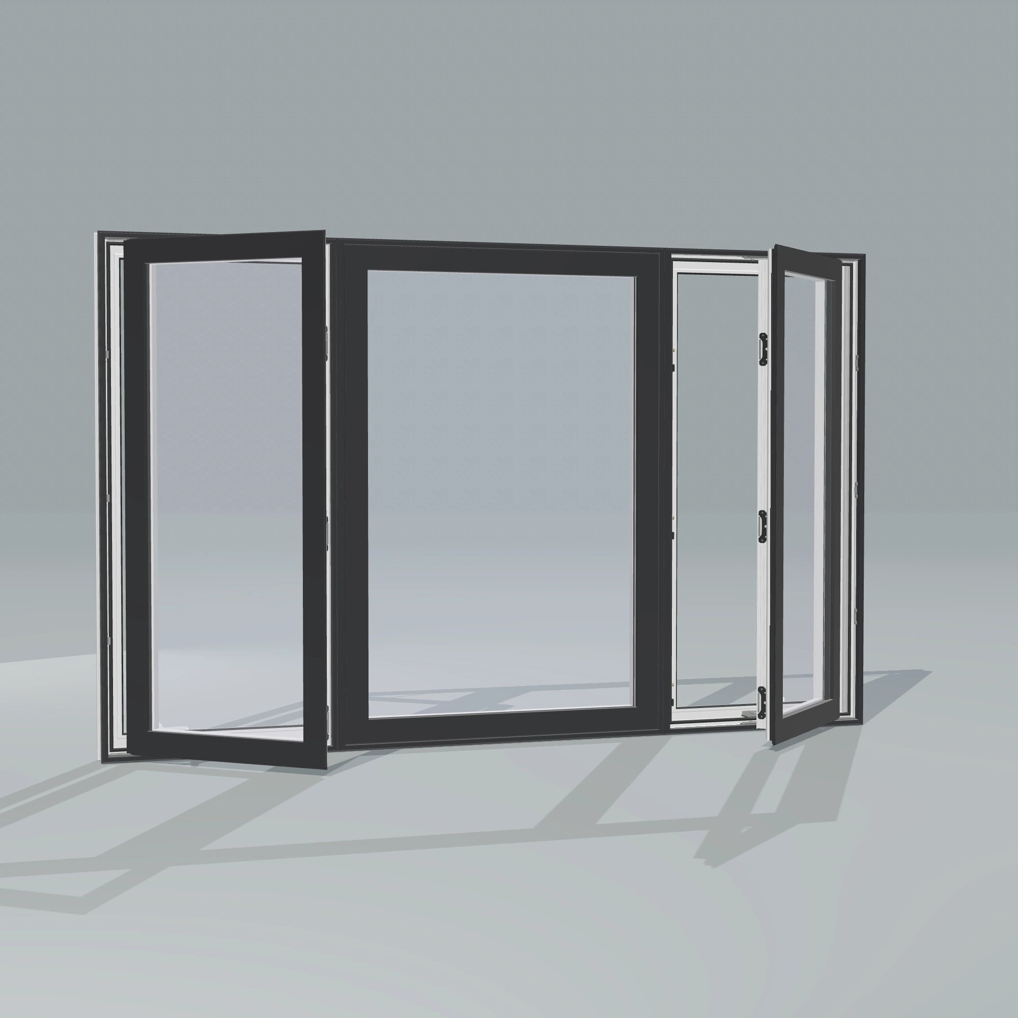 Angled exterior configurator view of the 84 × 52 inch triple casement–fixed combination, black exterior / white interior, without nailing flange, casement sashes open 45 degrees