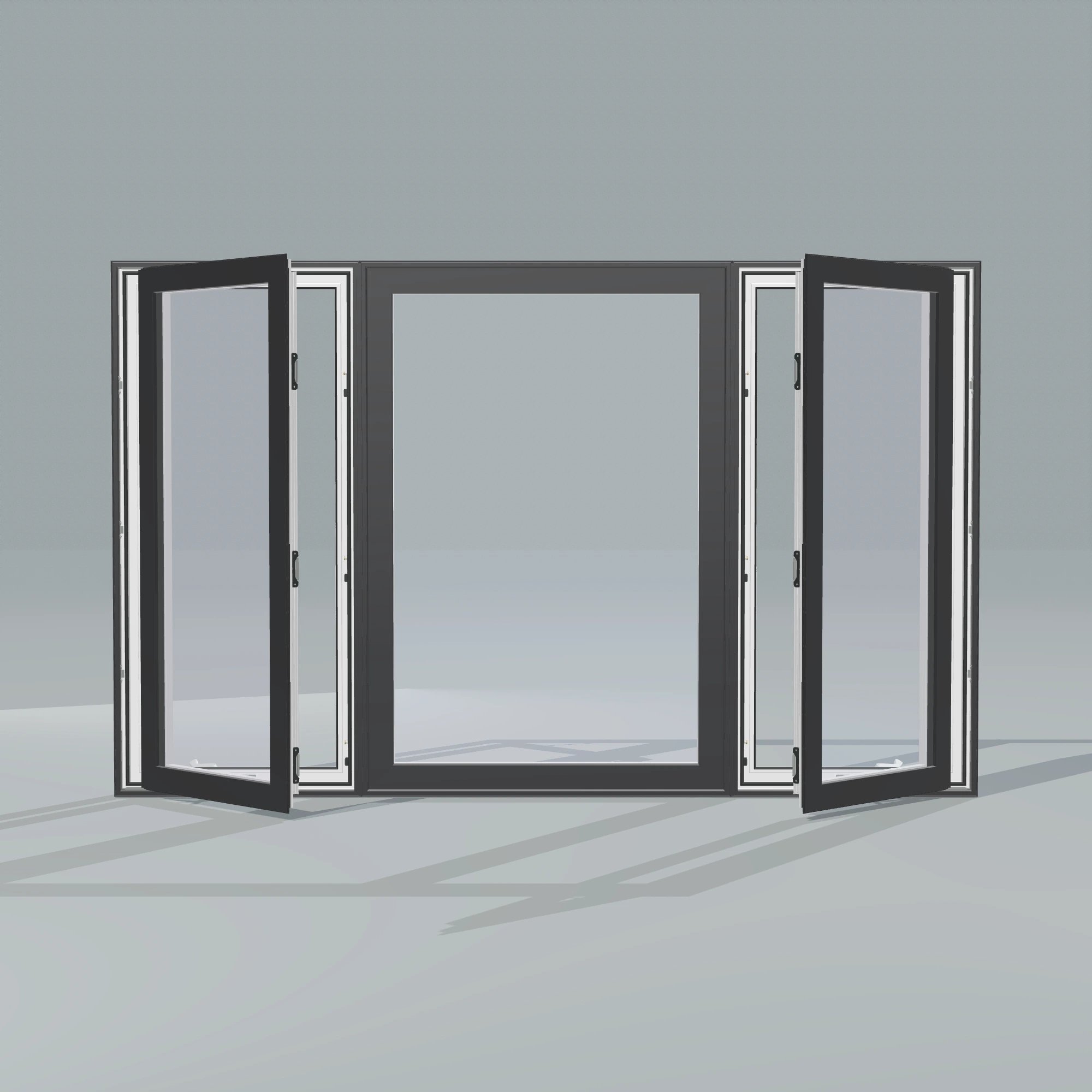 Straight exterior view of the 84 × 52 inch triple casement–fixed combination, black exterior / white interior, without nailing flange, casement sashes open 45 degrees
