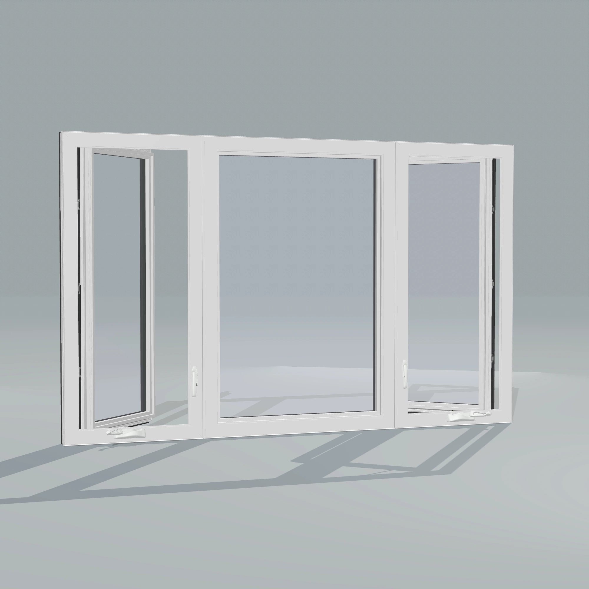 Angled interior view of the 84 × 52 inch triple casement–fixed combination, black exterior / white interior, without nailing flange, casement sashes open 45 degrees