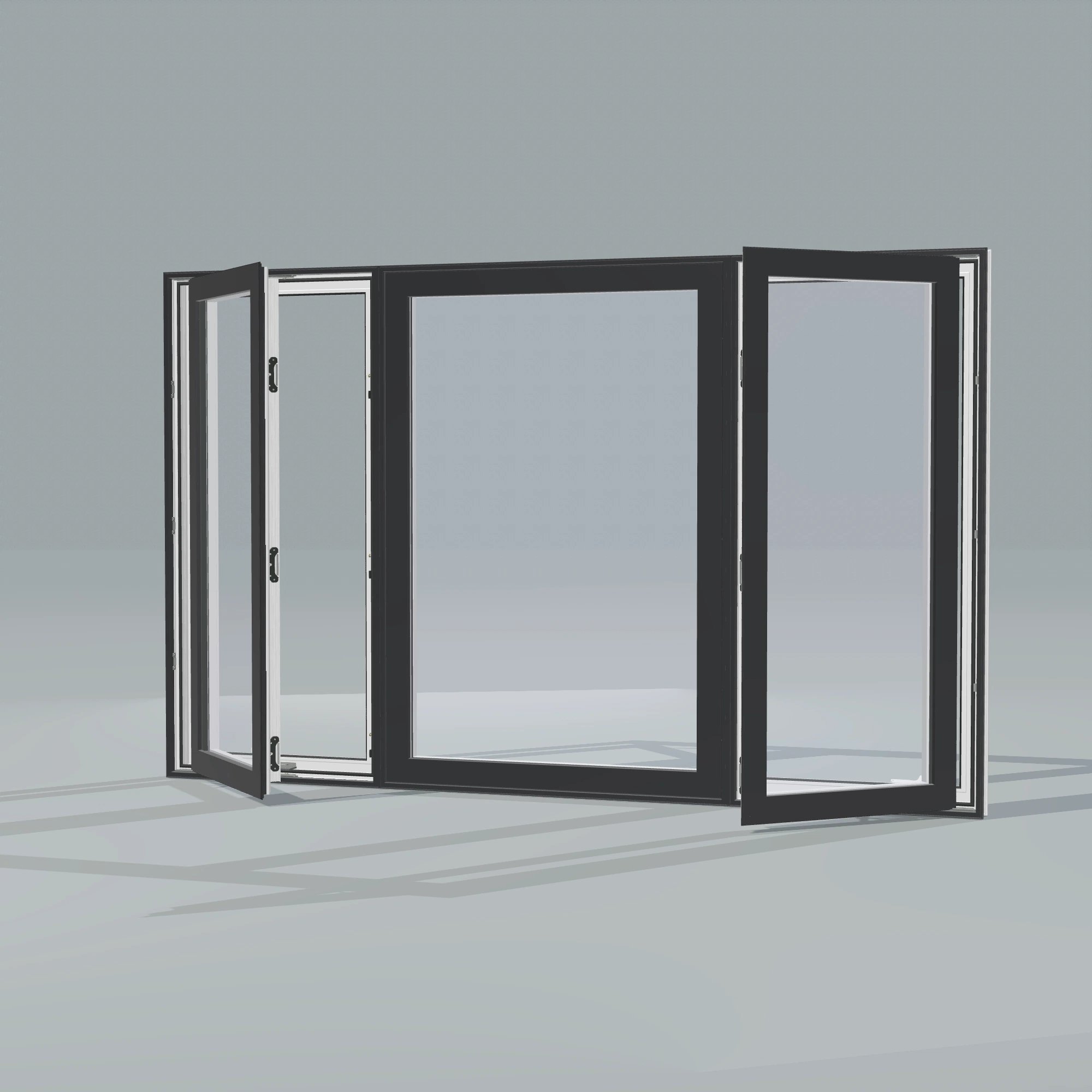 Opposite exterior angle of the 84 × 52 inch triple casement–fixed combination, black exterior / white interior, without nailing flange, casement sashes open 45 degrees