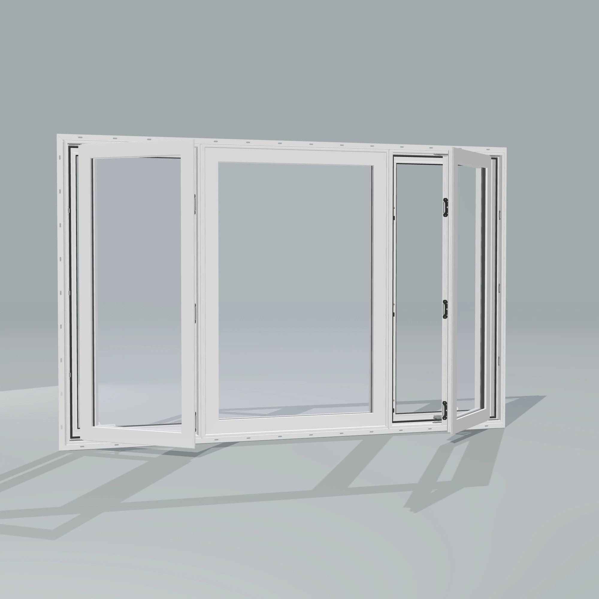 Angled exterior configurator view of the 84 × 52 inch triple casement–fixed combination, white exterior / white interior, with nailing flange, casement sashes open 45 degrees