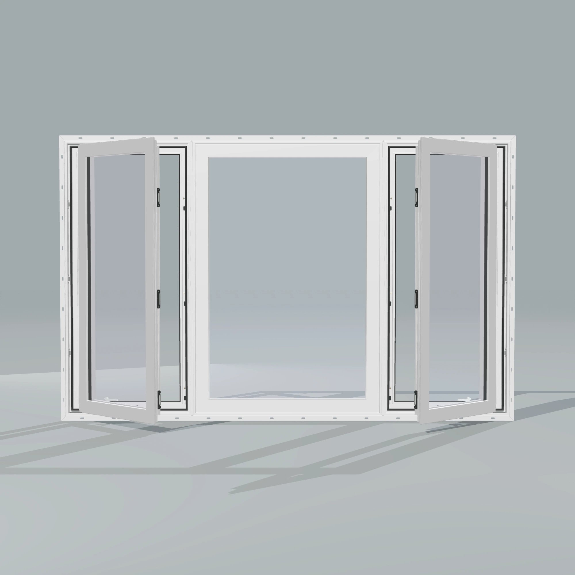 Straight exterior view of the 84 × 52 inch triple casement–fixed combination, white exterior / white interior, with nailing flange, casement sashes open 45 degrees