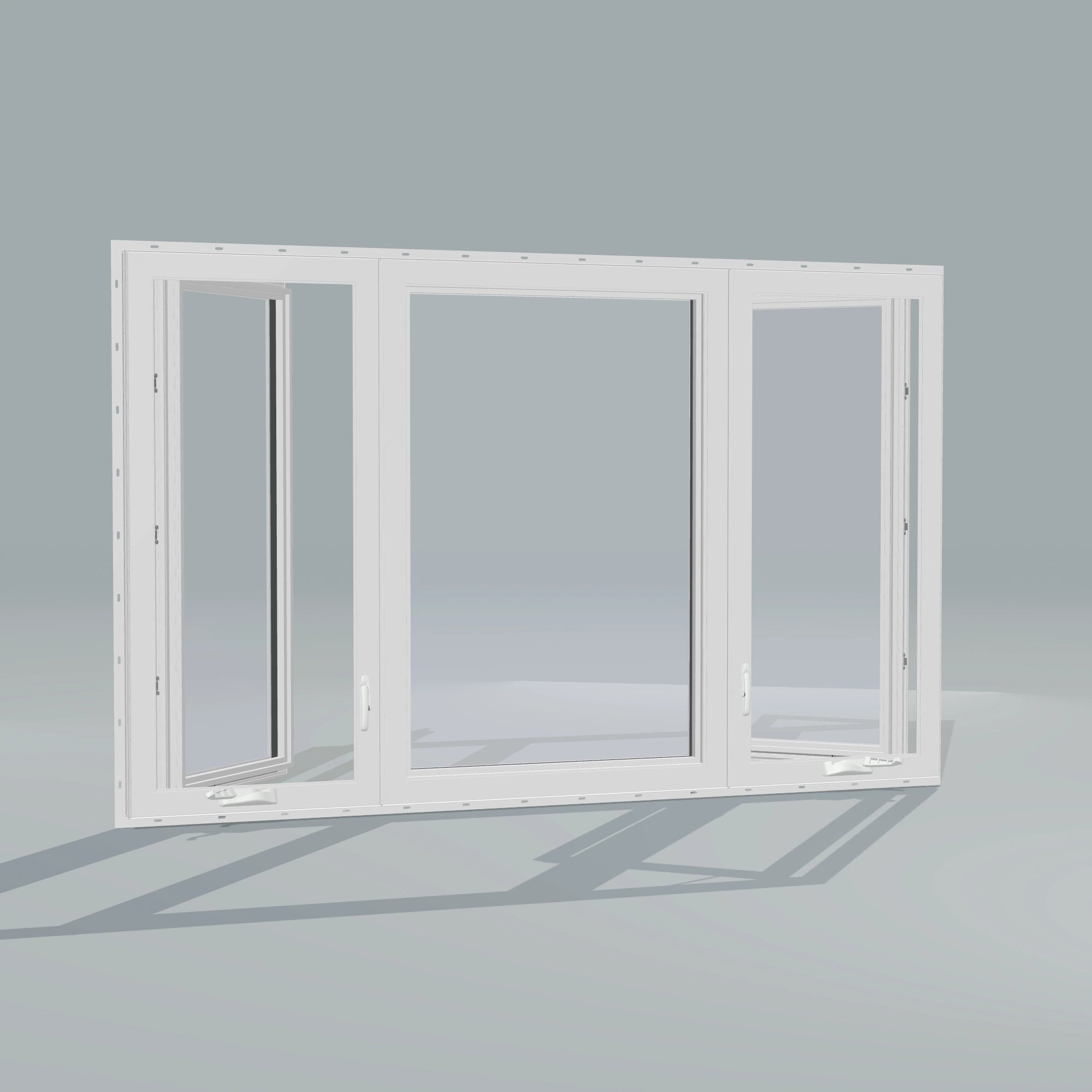 Angled interior view of the 84 × 52 inch triple casement–fixed combination, white exterior / white interior, with nailing flange, casement sashes open 45 degrees