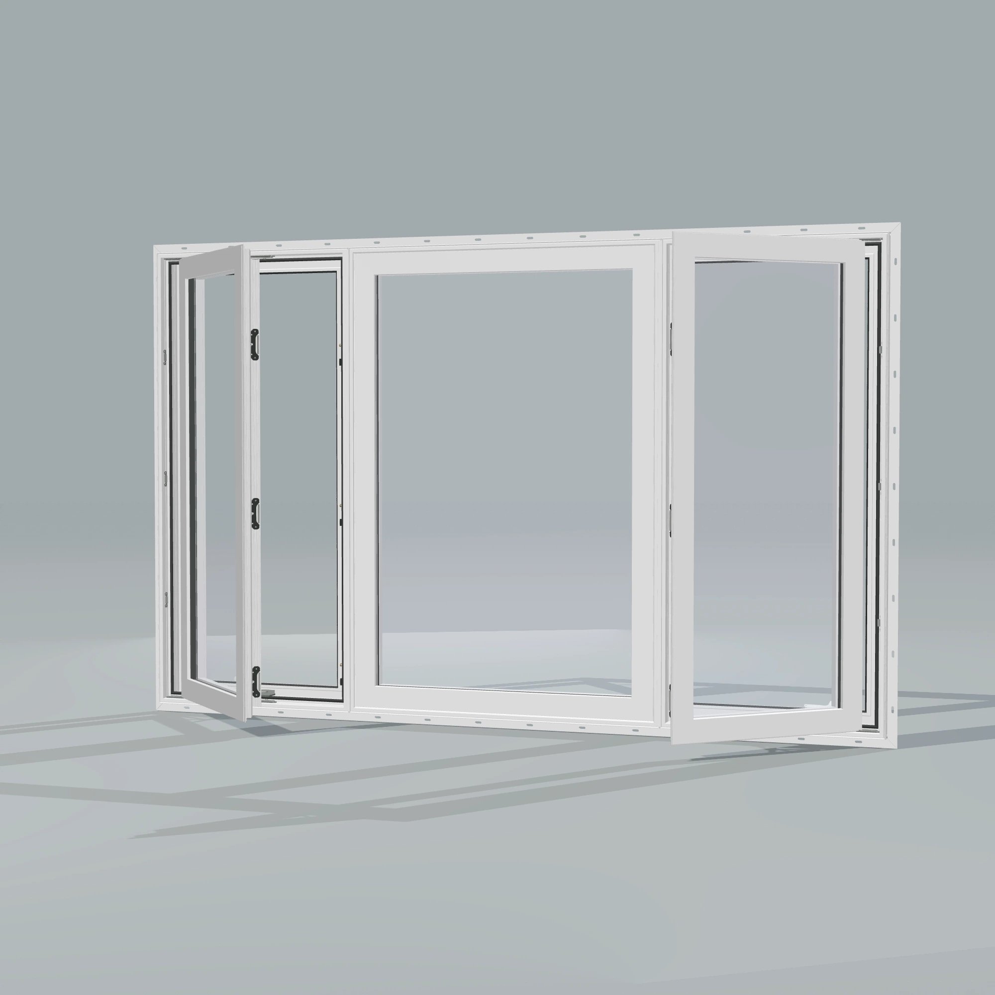 Opposite exterior angle of the 84 × 52 inch triple casement–fixed combination, white exterior / white interior, with nailing flange, casement sashes open 45 degrees