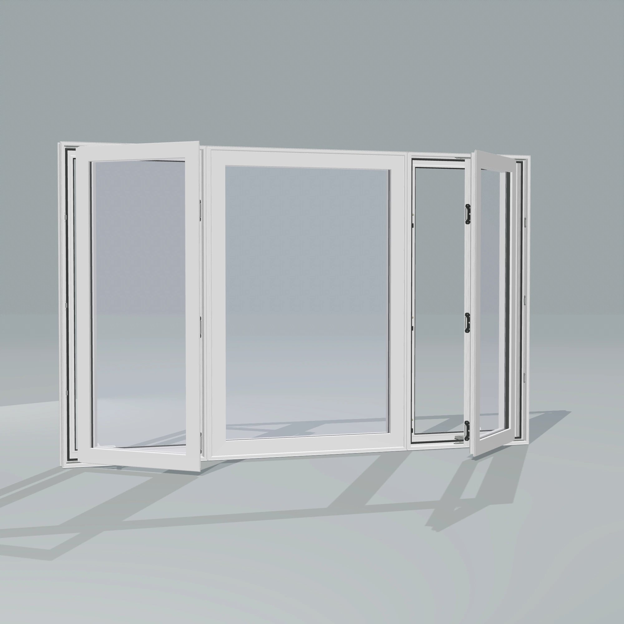 Angled exterior configurator view of the 84 × 52 inch triple casement–fixed combination, white exterior / white interior, without nailing flange, casement sashes open 45 degrees