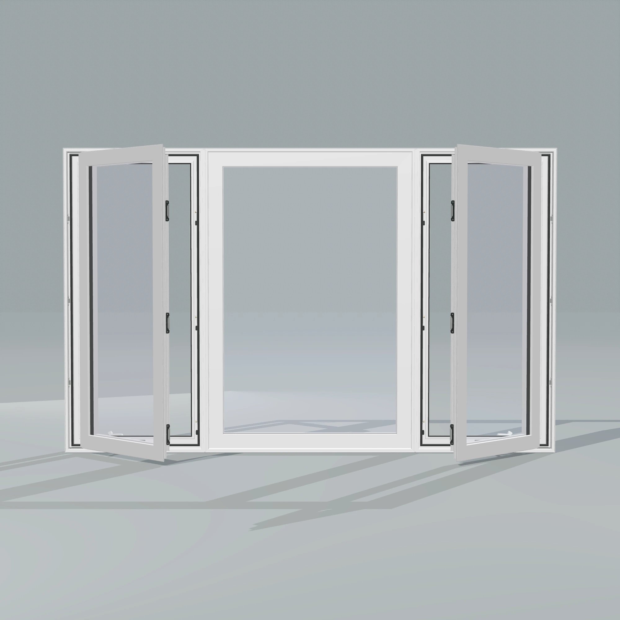 Straight exterior view of the 84 × 52 inch triple casement–fixed combination, white exterior / white interior, without nailing flange, casement sashes open 45 degrees