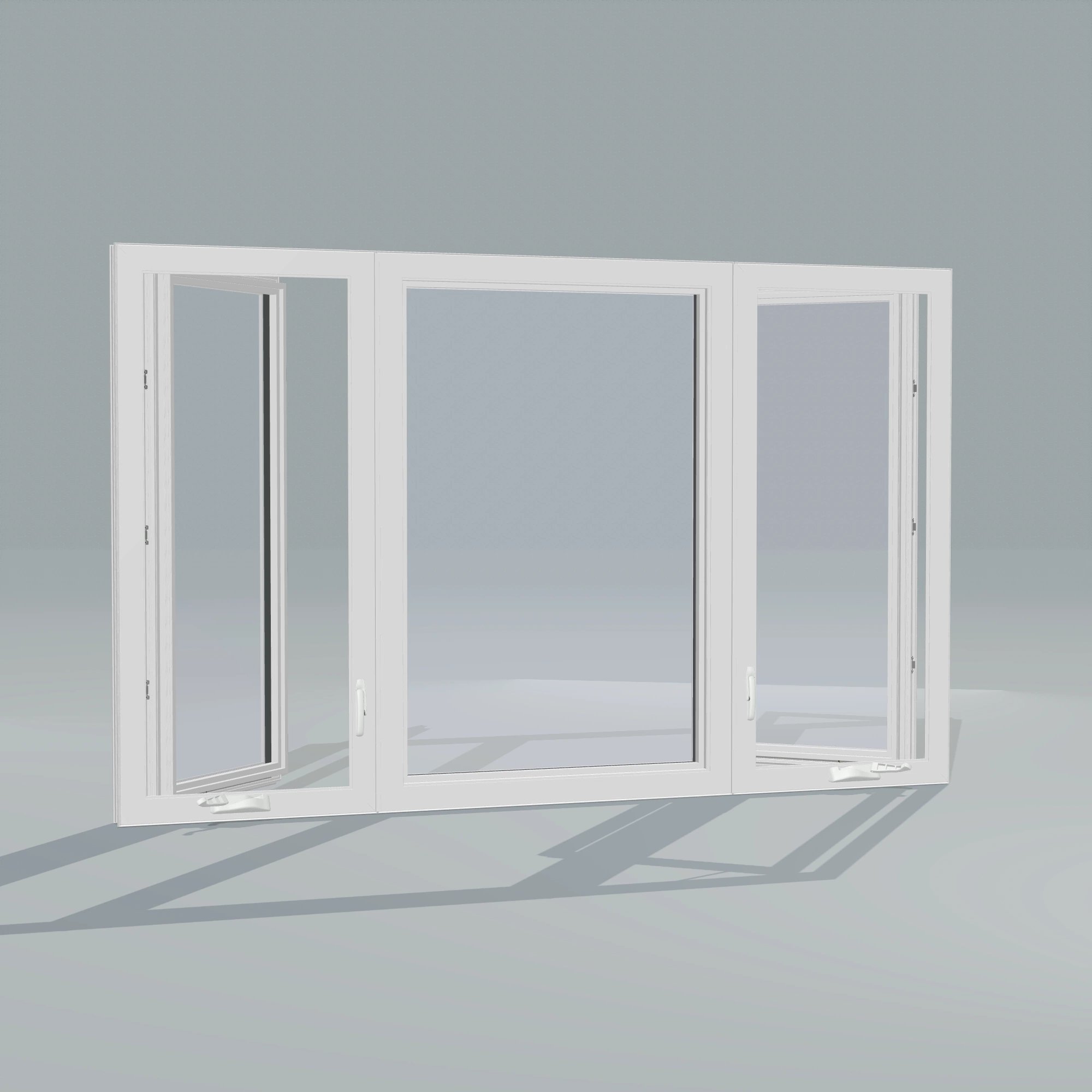 Angled interior view of the 84 × 52 inch triple casement–fixed combination, white exterior / white interior, without nailing flange, casement sashes open 45 degrees