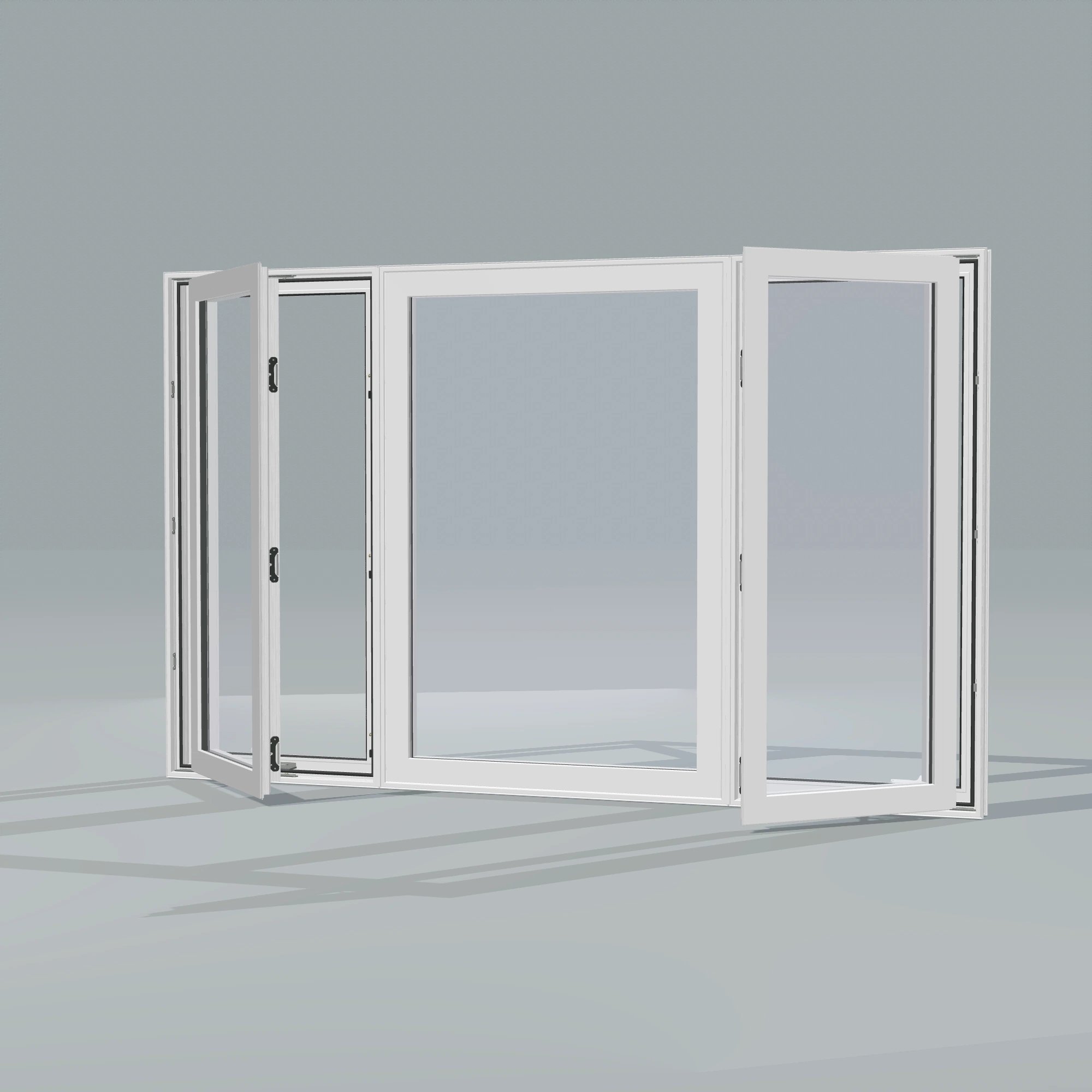 Opposite exterior angle of the 84 × 52 inch triple casement–fixed combination, white exterior / white interior, without nailing flange, casement sashes open 45 degrees