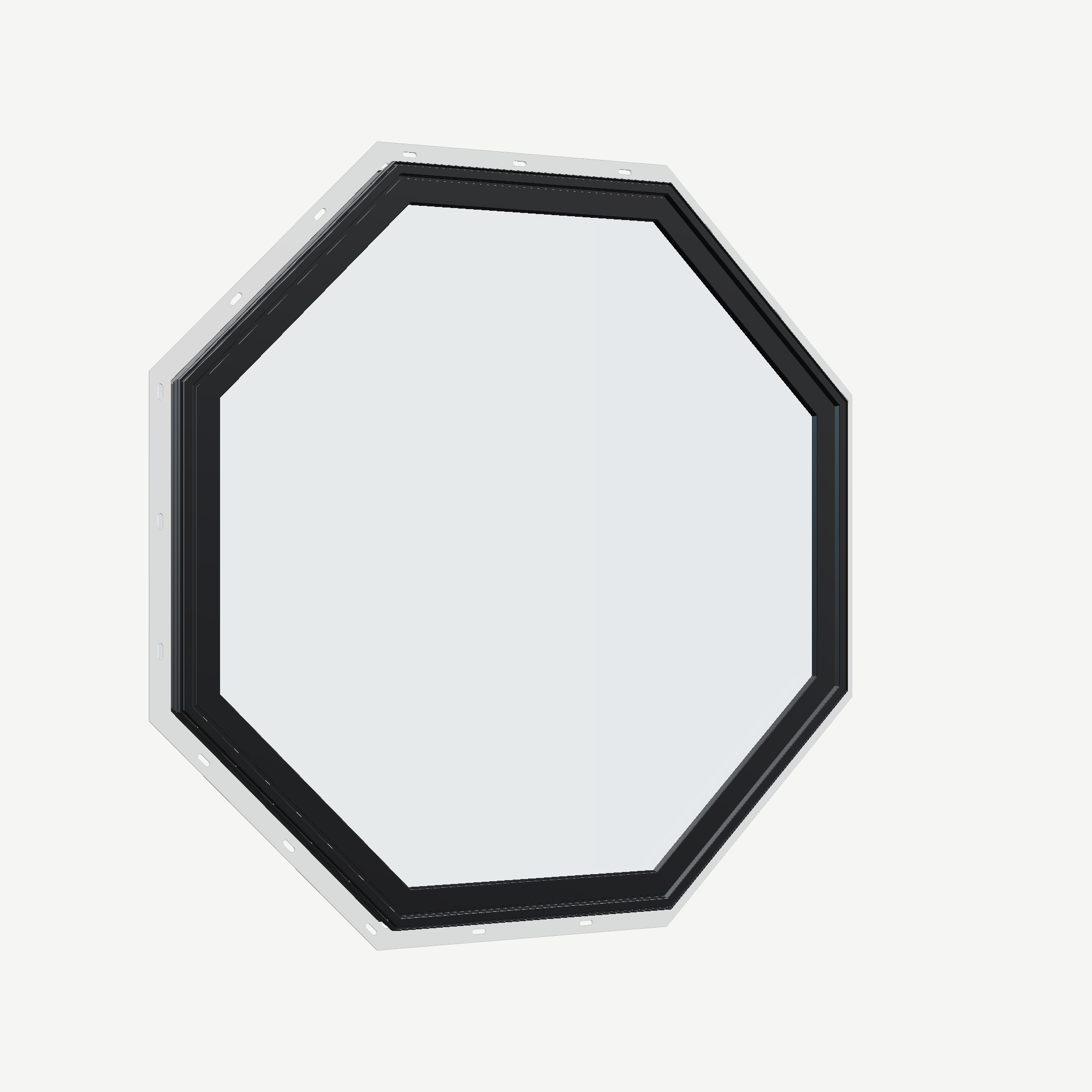 Opposite exterior angle of the 36 × 36 inch octagon, black exterior / white interior, with nailing flange