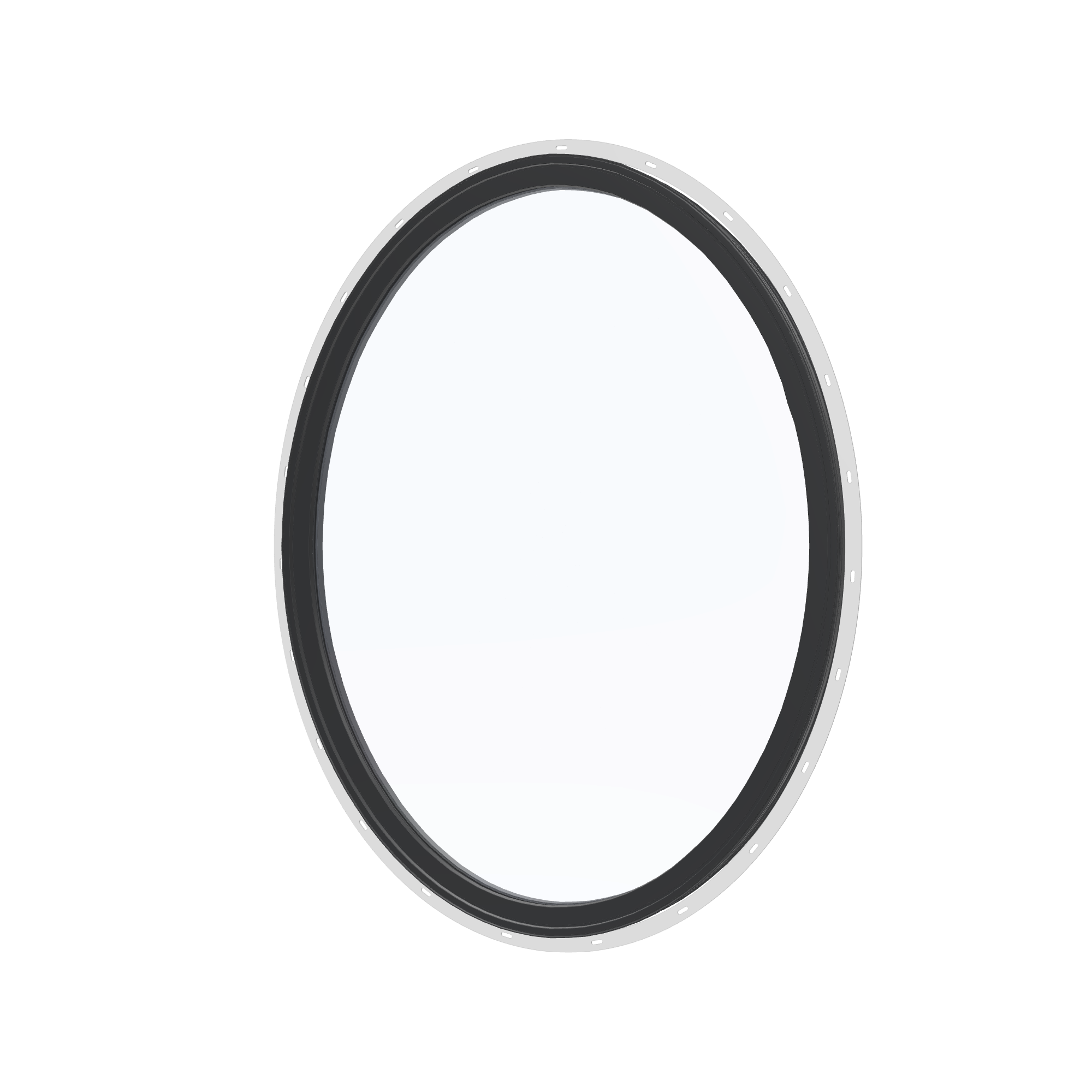 Angled exterior view of the 36 × 48 inch oval, black exterior / black interior, with nailing flange