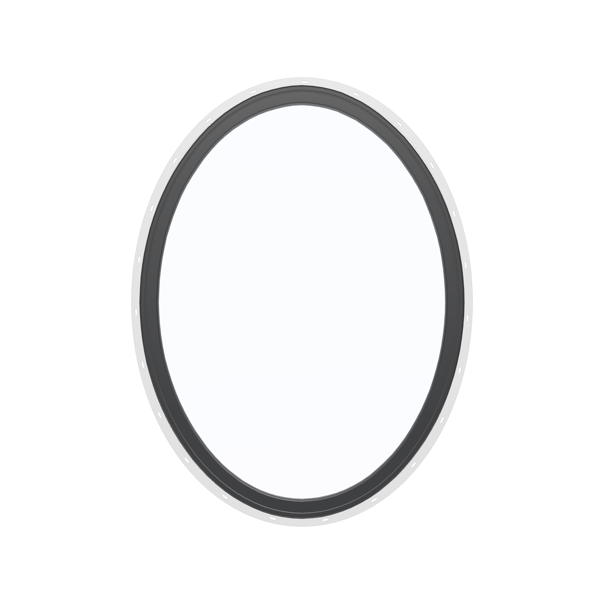 Straight exterior view of the 36 × 48 inch oval, black exterior / black interior, with nailing flange