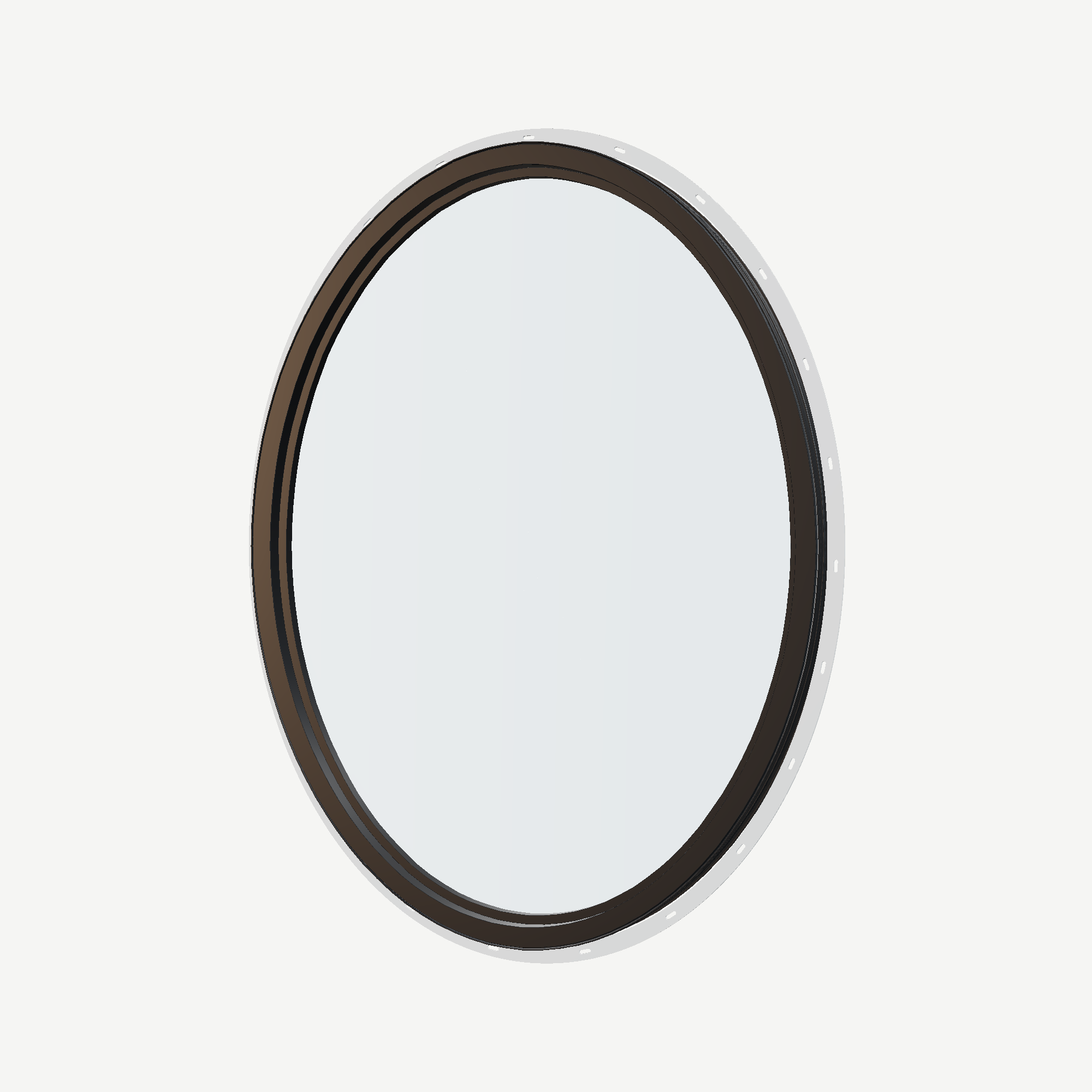 Angled interior view of the 36 × 48 inch oval, black exterior / black interior, with nailing flange