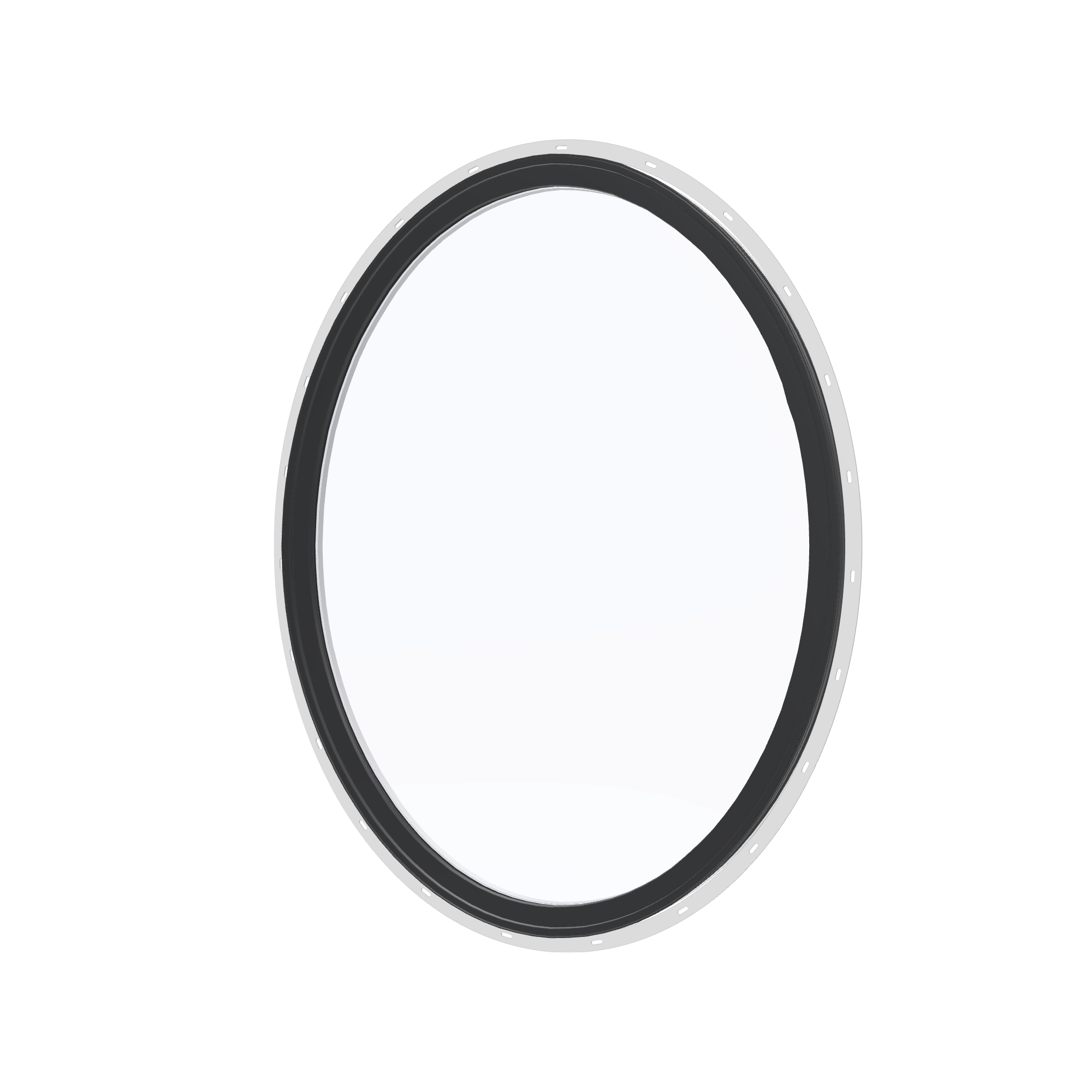 Angled exterior view of the 36 × 48 inch oval, black exterior / white interior, with nailing flange