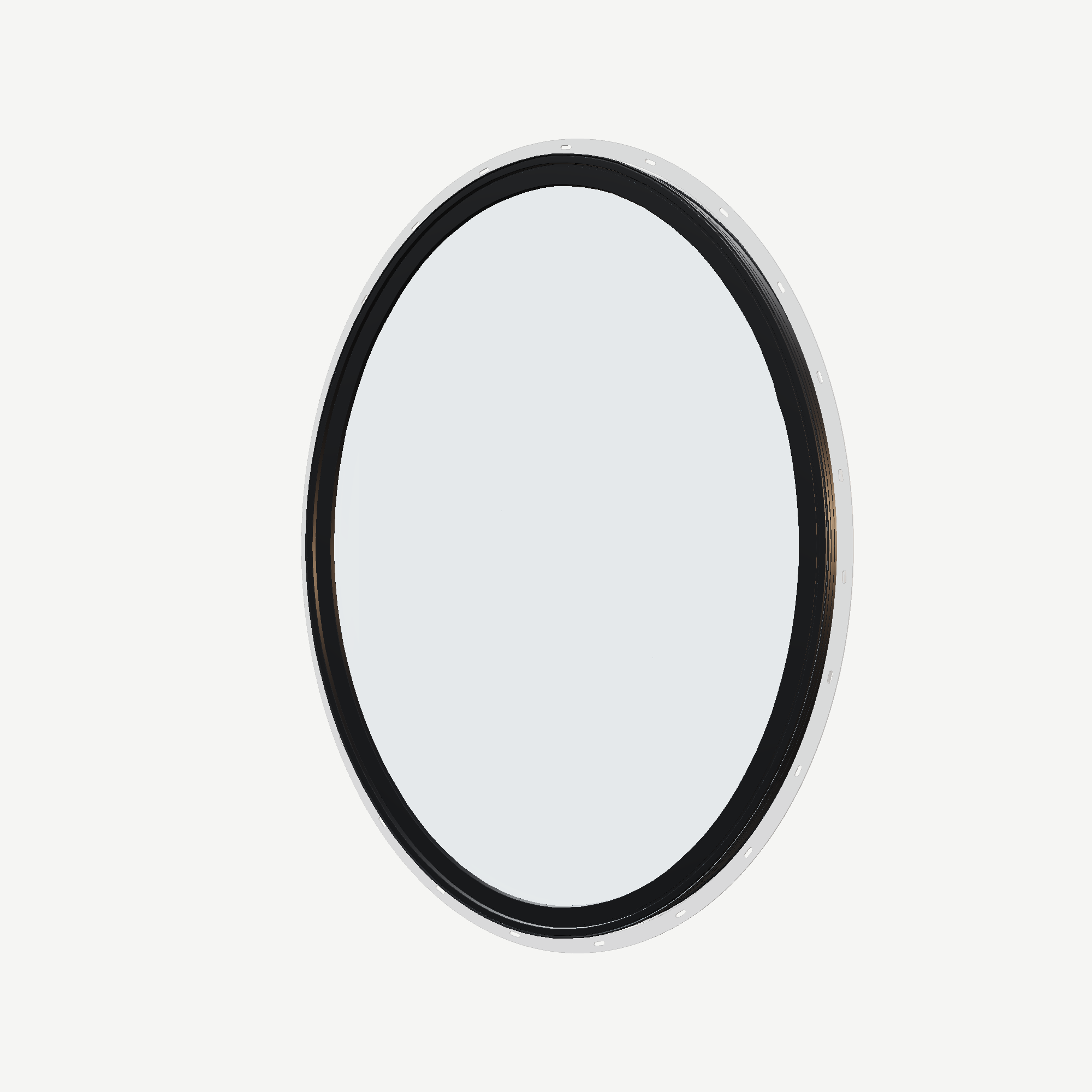 Angled exterior view of the 36 × 48 inch oval, black exterior / white interior, with nailing flange