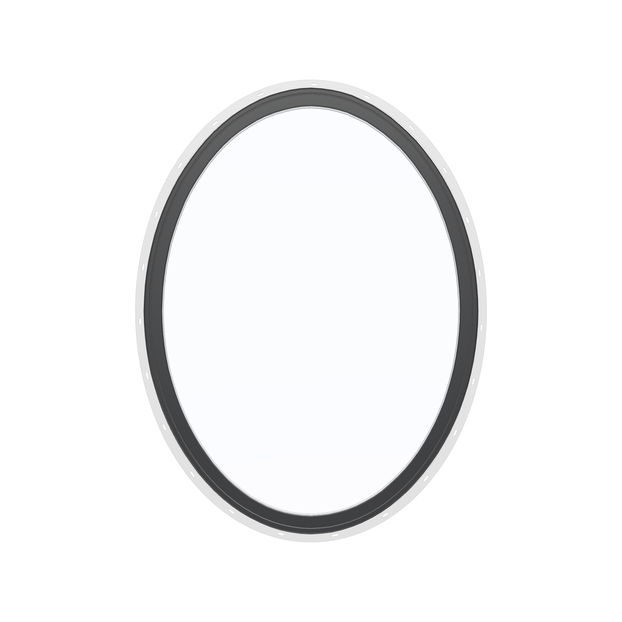 Straight exterior view of the 36 × 48 inch oval, black exterior / white interior, with nailing flange