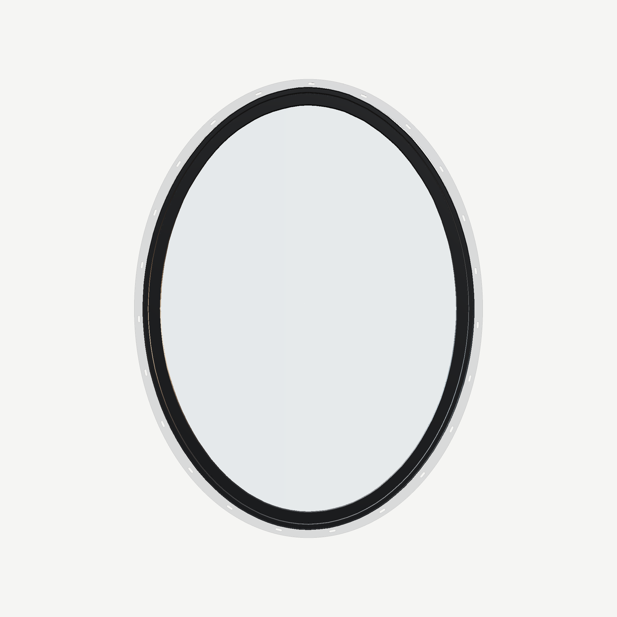 Straight exterior view of the 36 × 48 inch oval, black exterior / white interior, with nailing flange