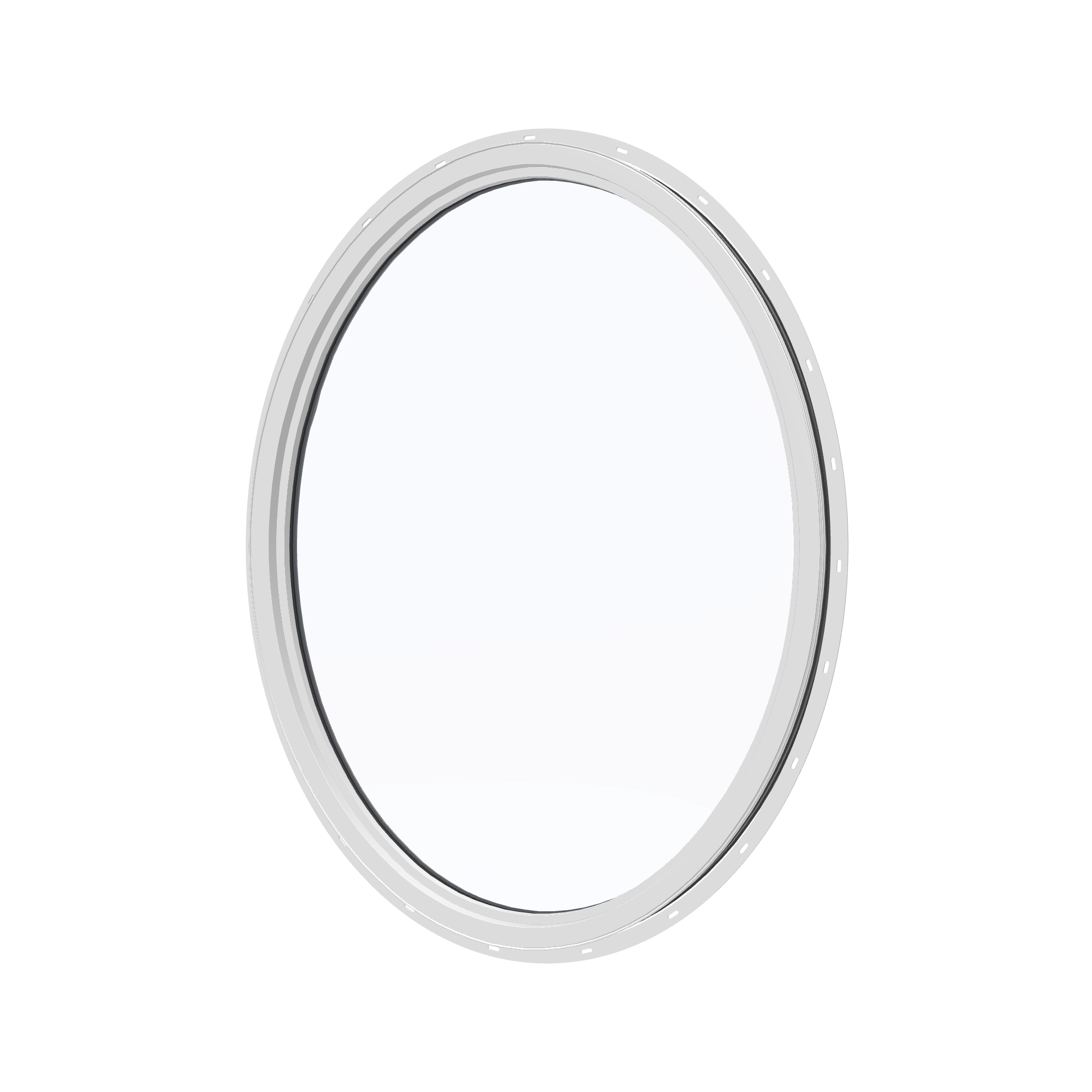 Angled interior view of the 36 × 48 inch oval, black exterior / white interior, with nailing flange