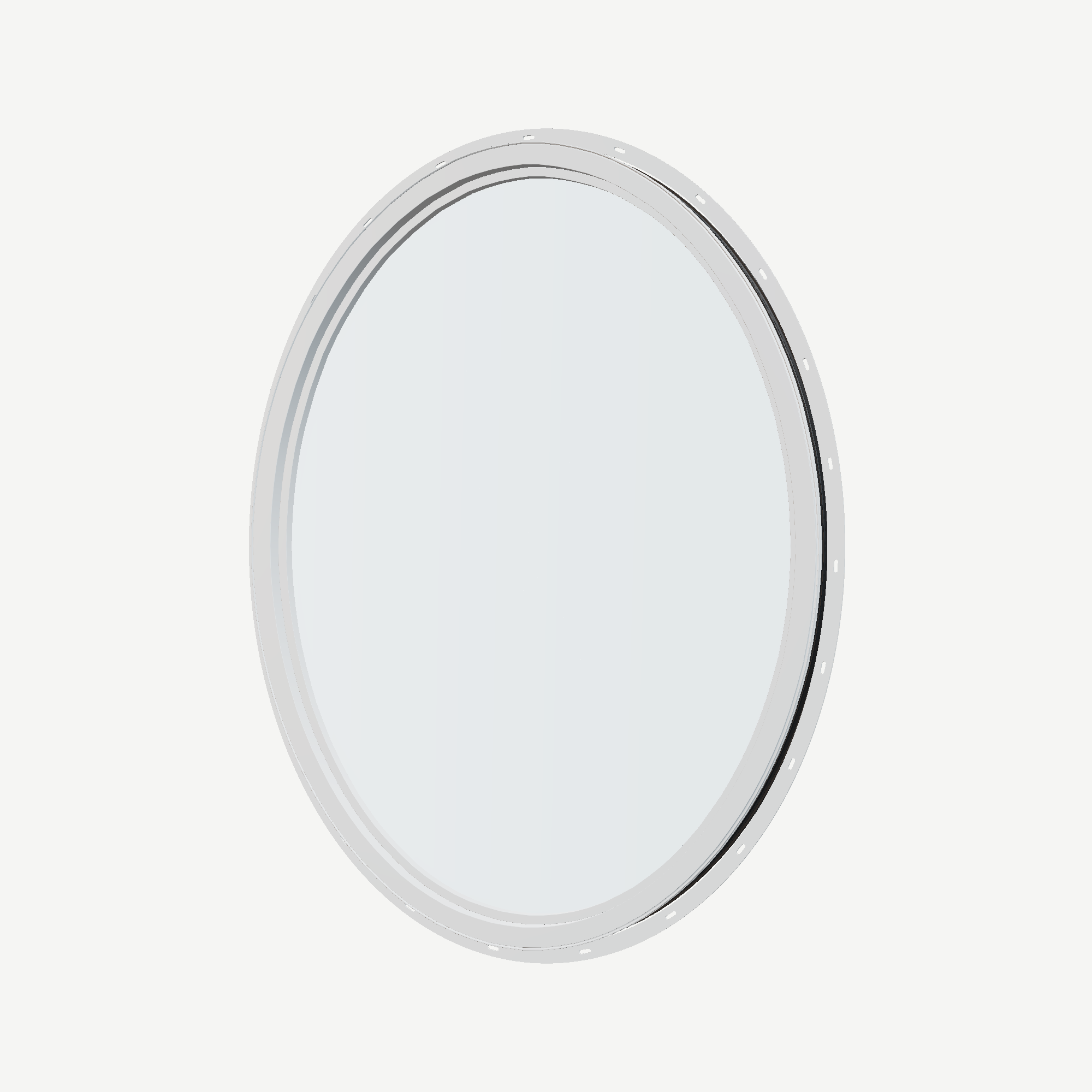Angled interior view of the 36 × 48 inch oval, black exterior / white interior, with nailing flange