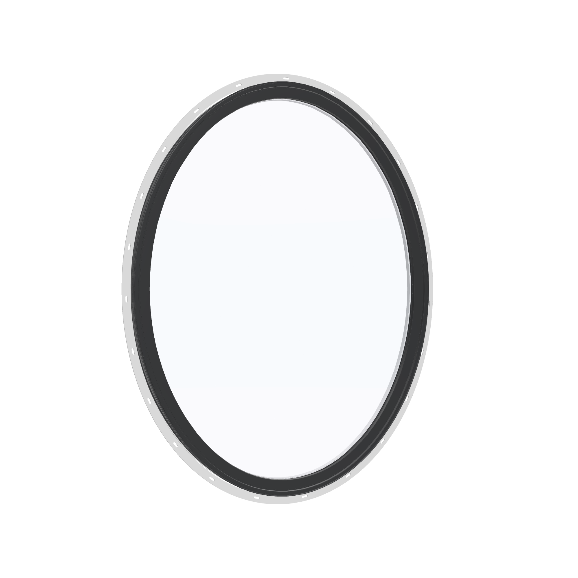 Opposite exterior angle of the 36 × 48 inch oval, black exterior / white interior, with nailing flange