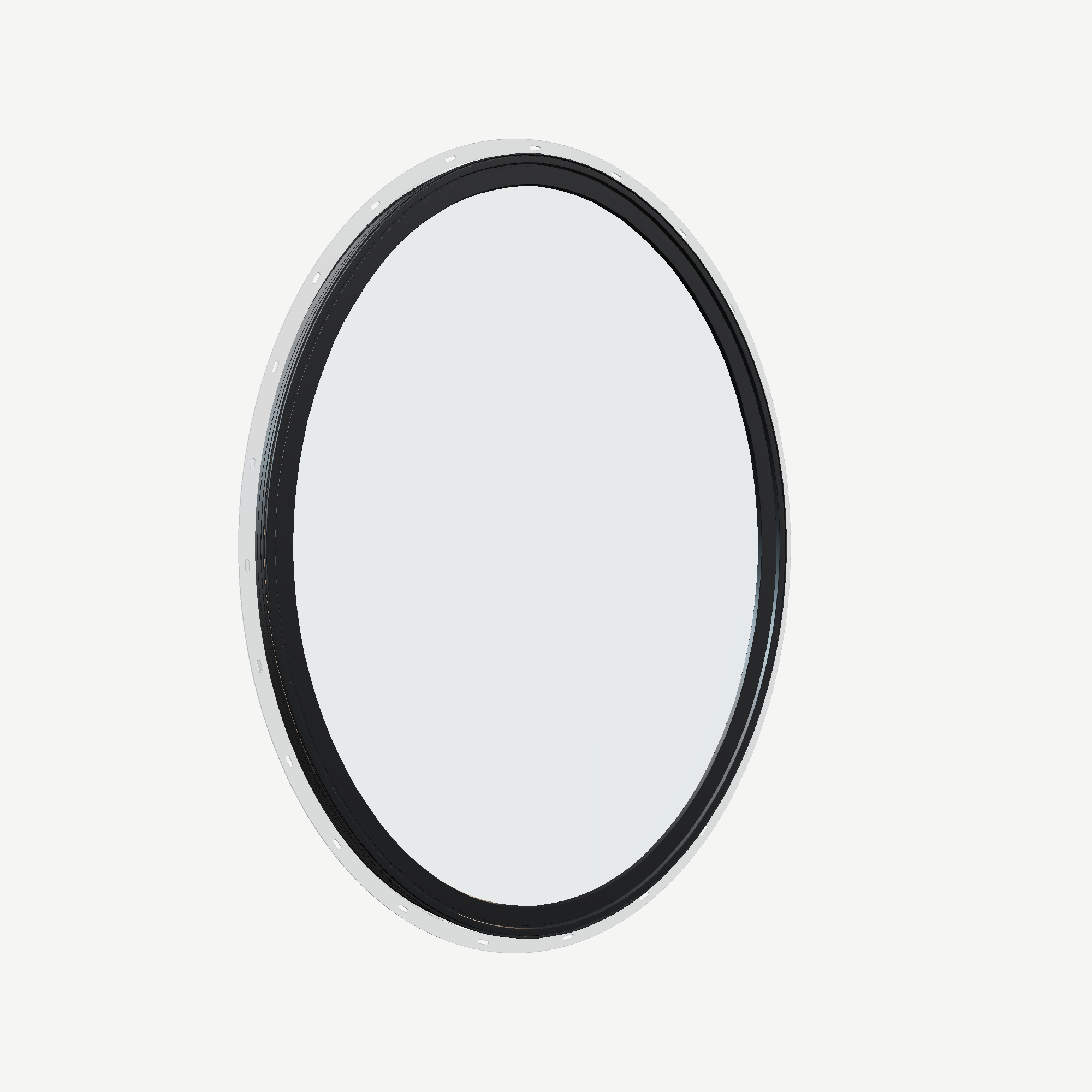 Opposite exterior angle of the 36 × 48 inch oval, black exterior / white interior, with nailing flange