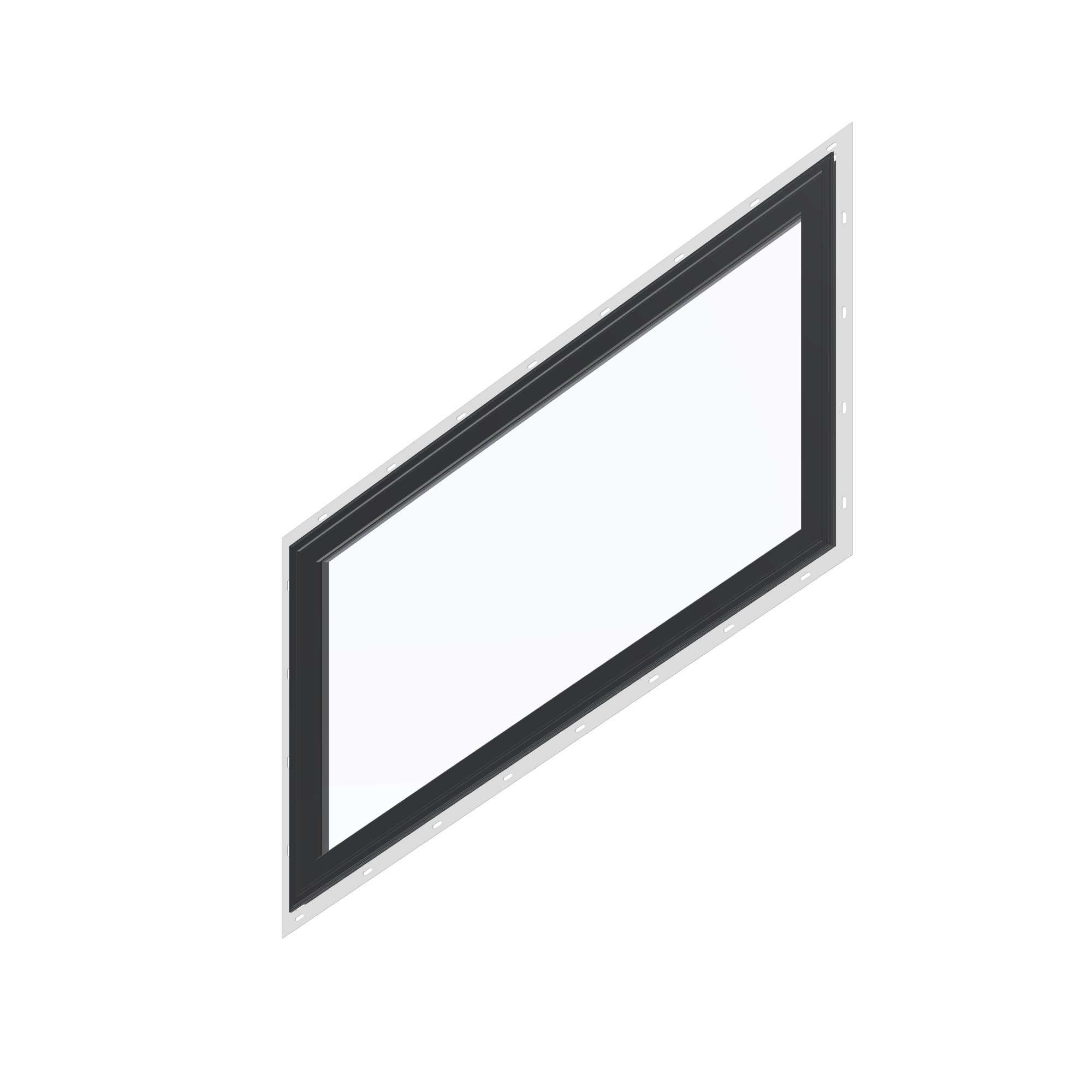 Angled exterior view of the 36 × 48 inch parallelogram (left), black exterior / black interior, with nailing flange
