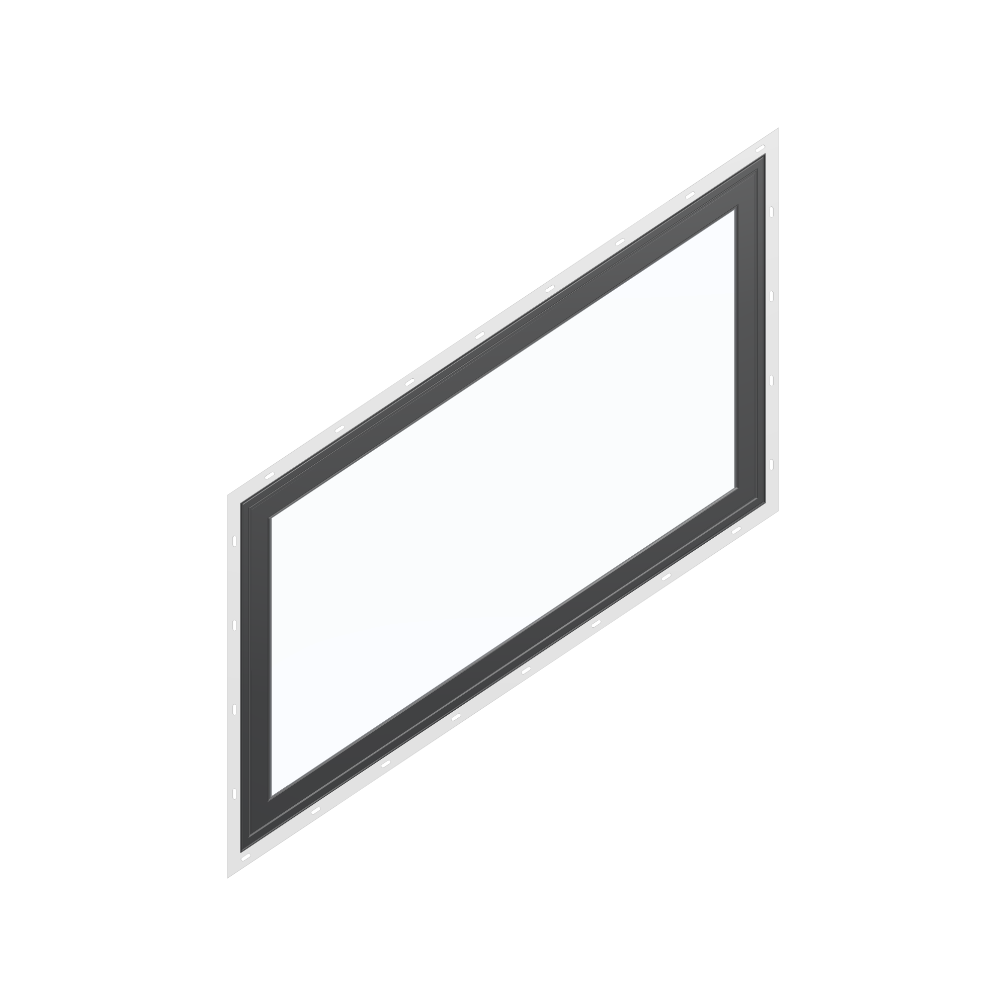 Straight exterior view of the 36 × 48 inch parallelogram (left), black exterior / black interior, with nailing flange