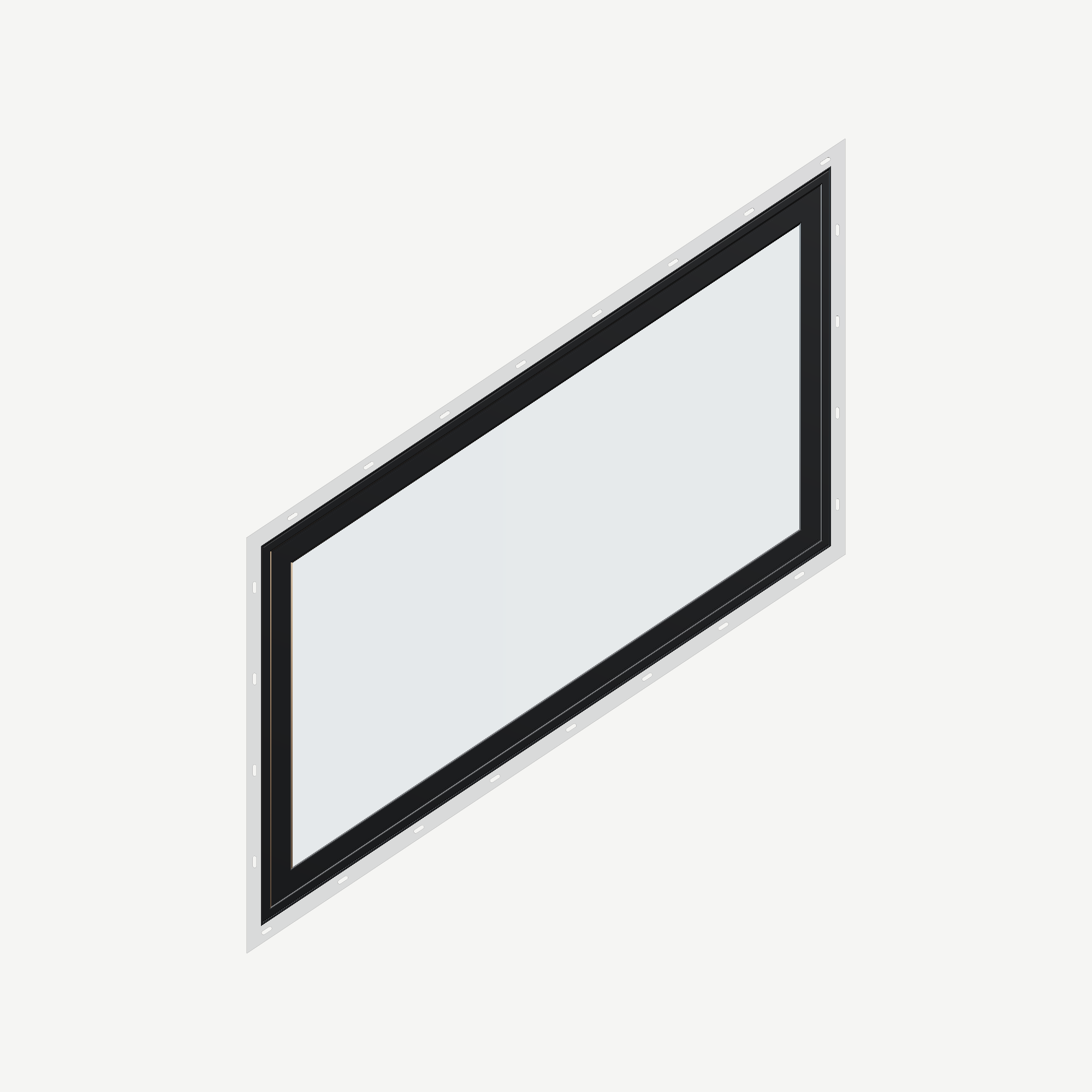 Straight exterior view of the 36 × 48 inch parallelogram (left), black exterior / black interior, with nailing flange
