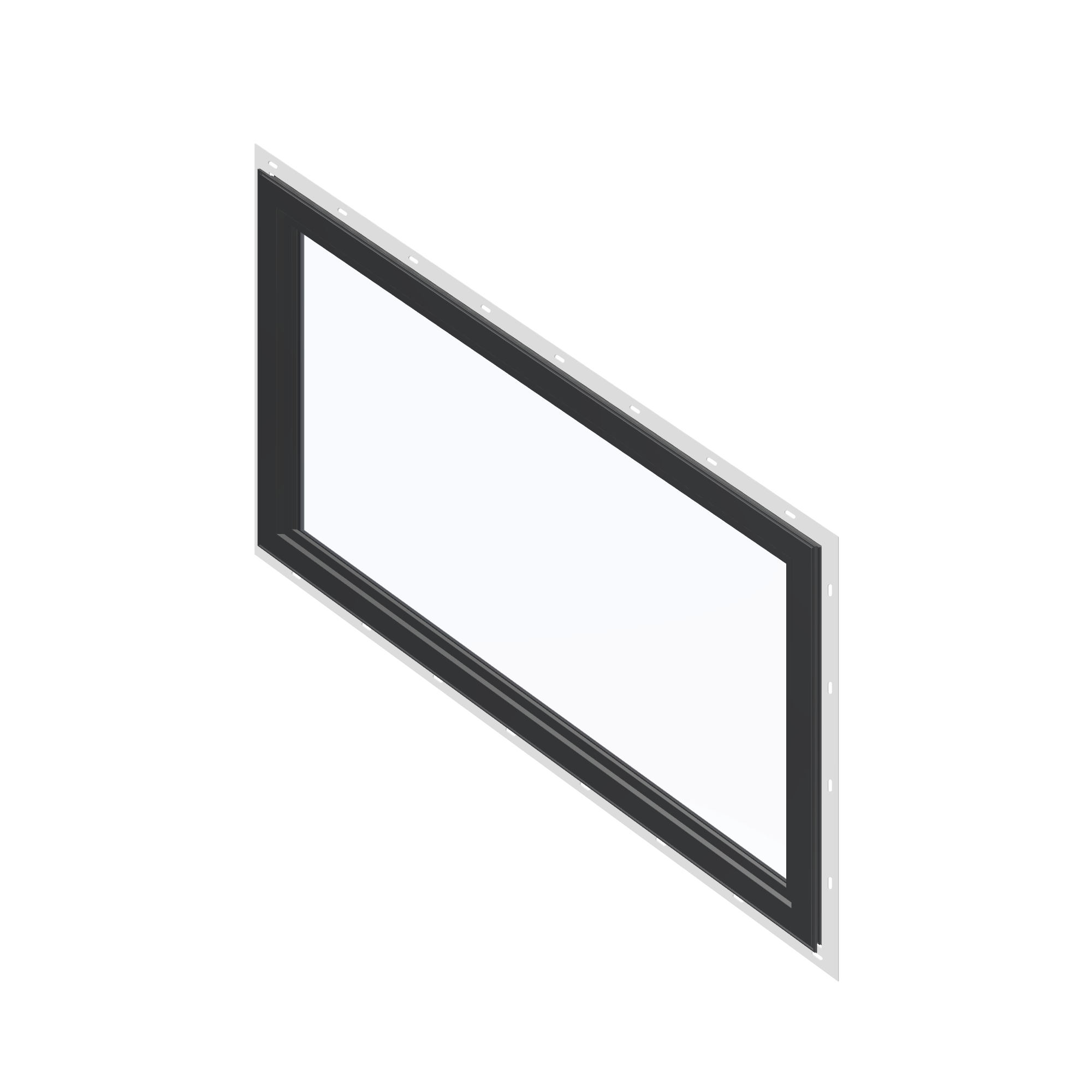 Angled interior view of the 36 × 48 inch parallelogram (left), black exterior / black interior, with nailing flange
