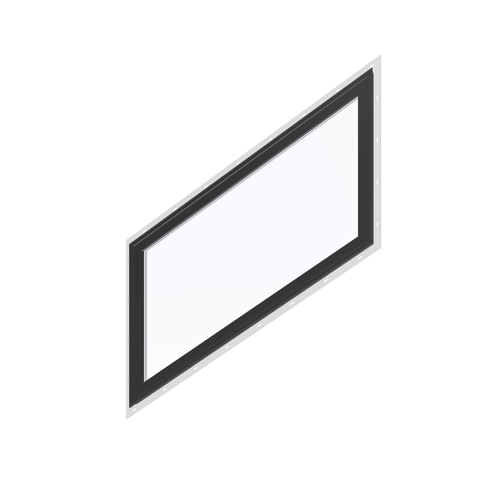 Angled exterior view of the 36 × 48 inch parallelogram (left), black exterior / white interior, with nailing flange