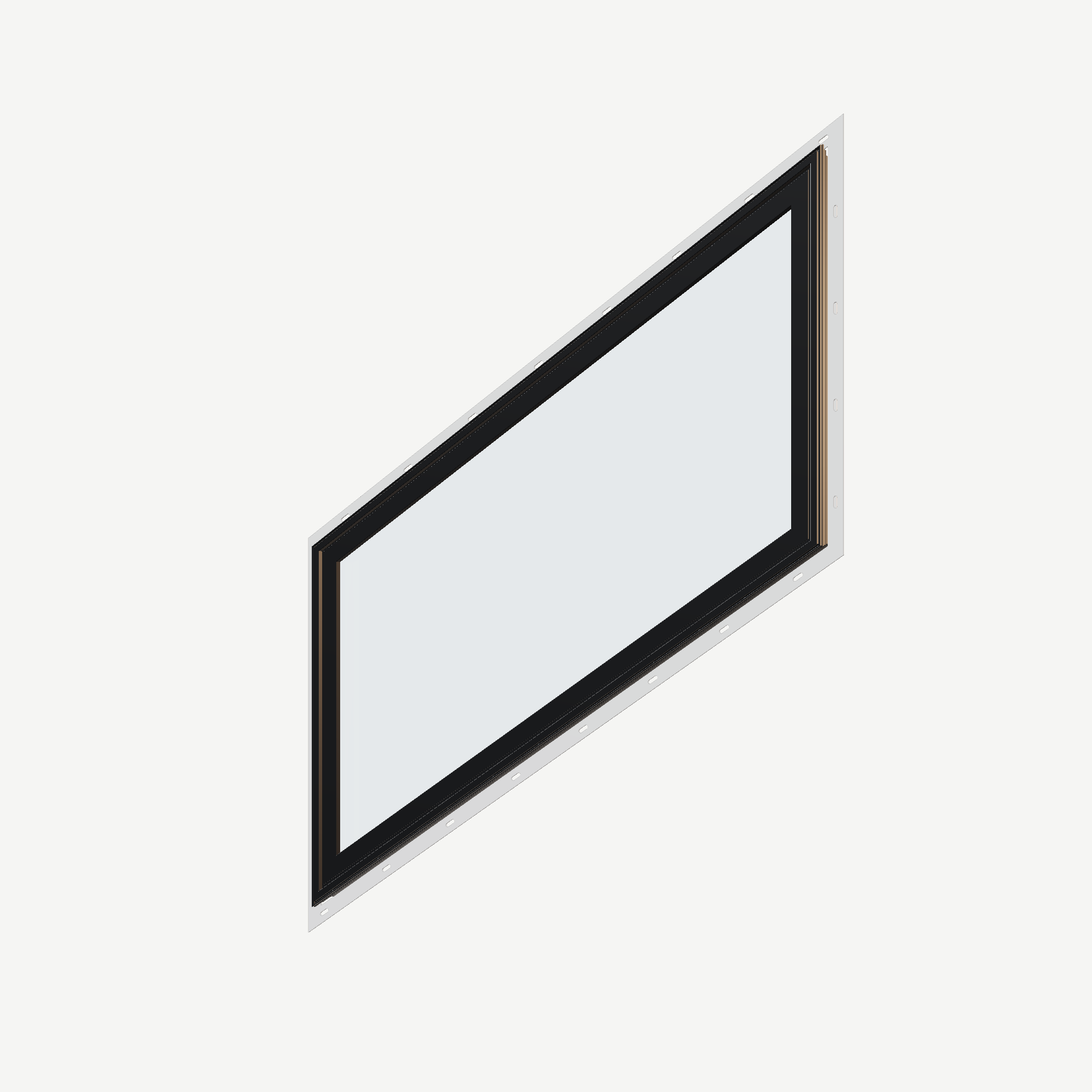 Angled exterior view of the 36 × 48 inch parallelogram (left), black exterior / white interior, with nailing flange