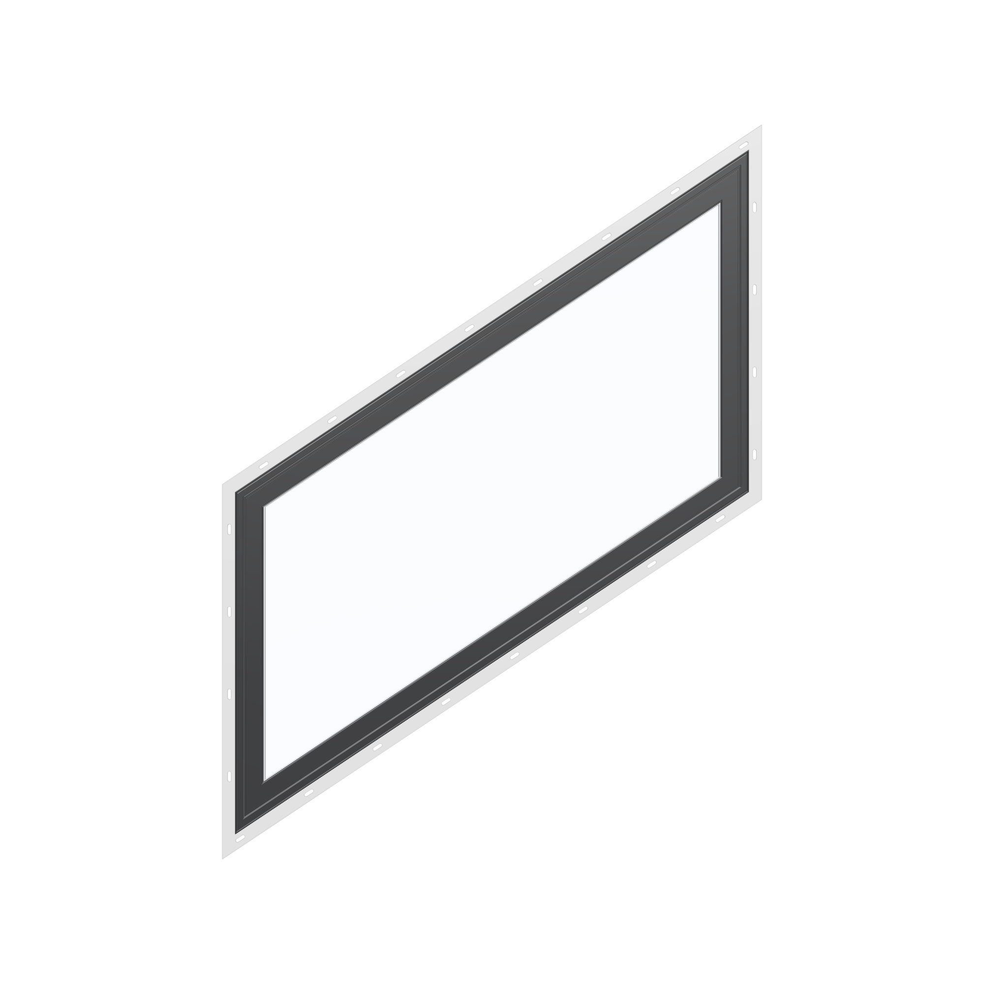 Straight exterior view of the 36 × 48 inch parallelogram (left), black exterior / white interior, with nailing flange