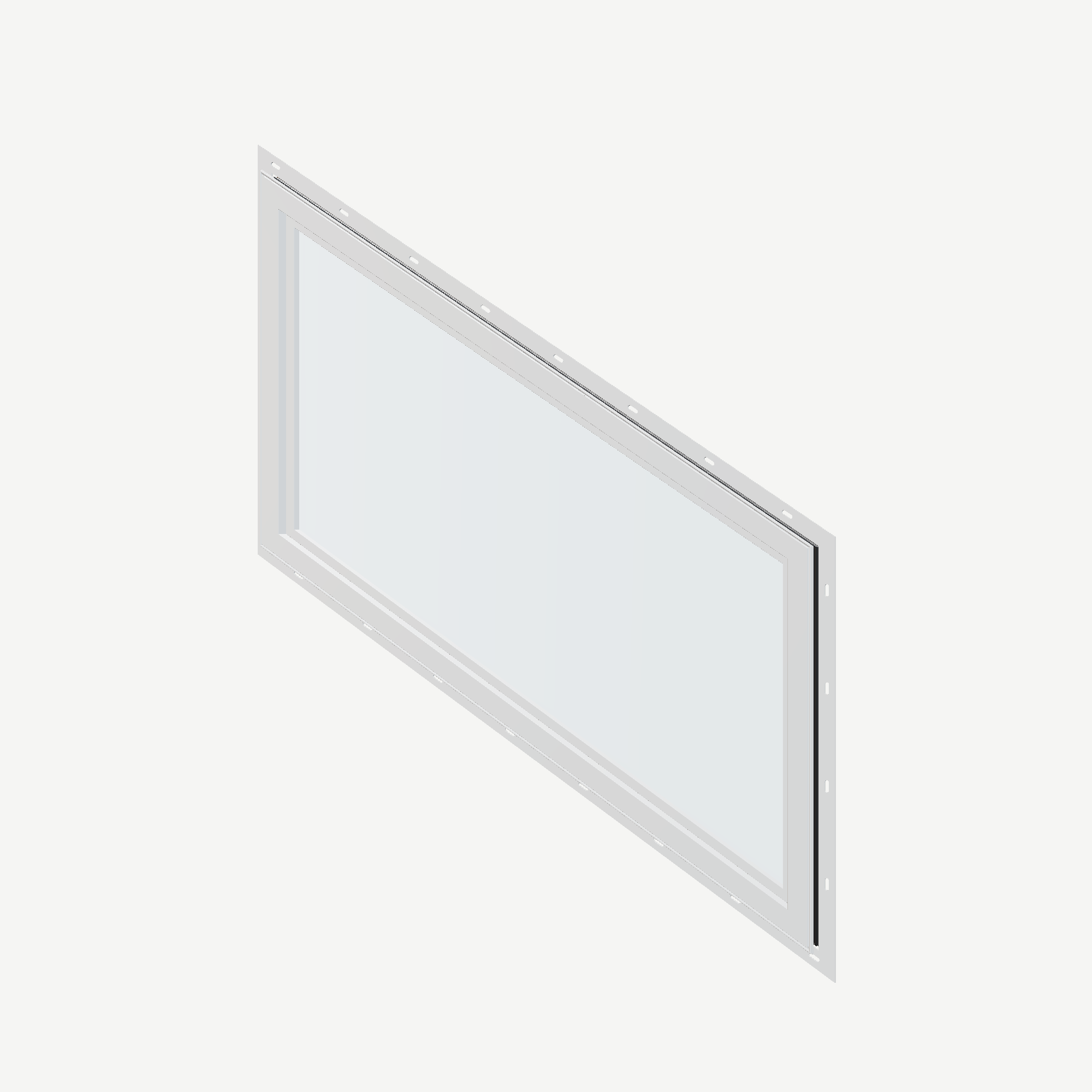 Angled interior view of the 36 × 48 inch parallelogram (left), black exterior / white interior, with nailing flange