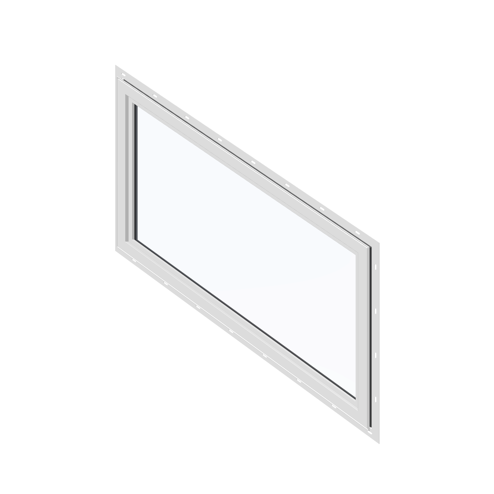 Angled interior view of the 36 × 48 inch parallelogram (left), black exterior / white interior, with nailing flange