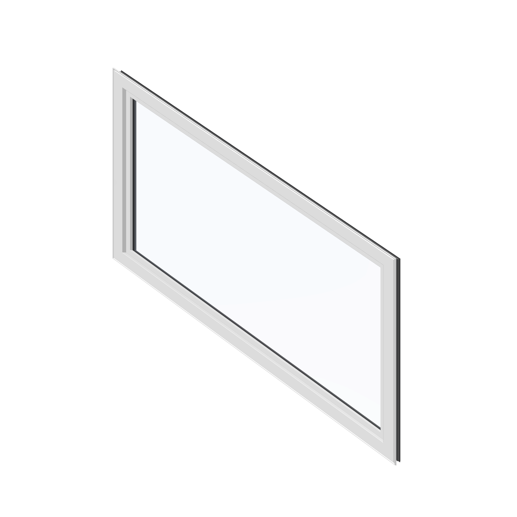 Angled interior view of the 36 × 48 inch parallelogram (left), black exterior / white interior, without nailing flange