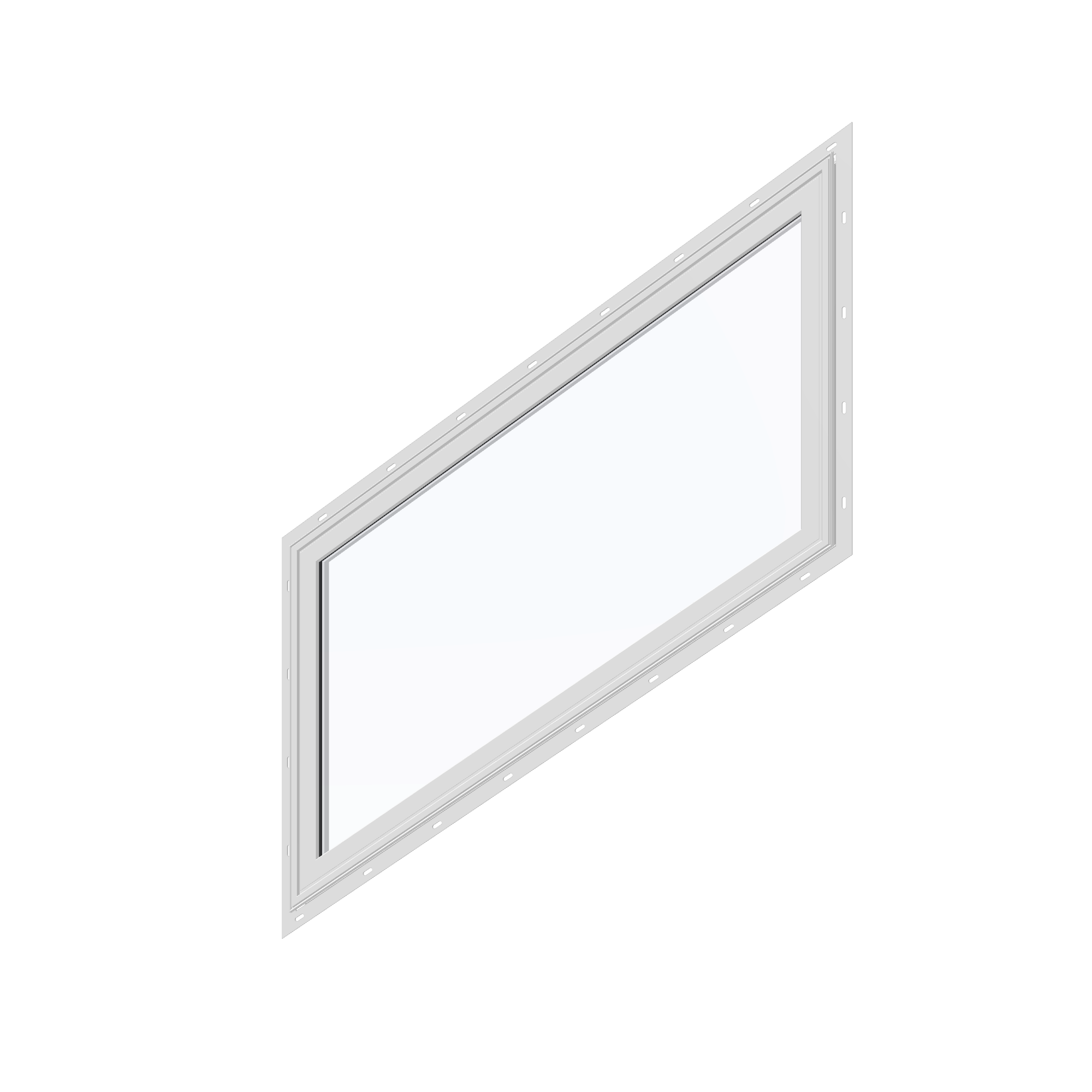 Angled exterior view of the 36 × 48 inch parallelogram (left), white exterior / white interior, with nailing flange