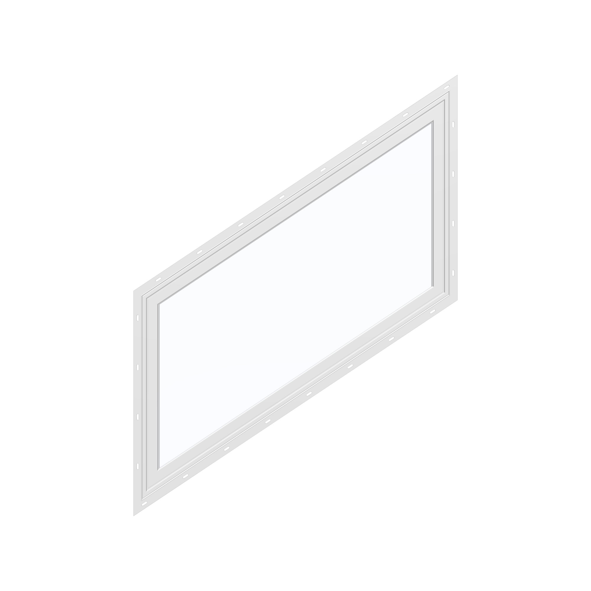Straight exterior view of the 36 × 48 inch parallelogram (left), white exterior / white interior, with nailing flange