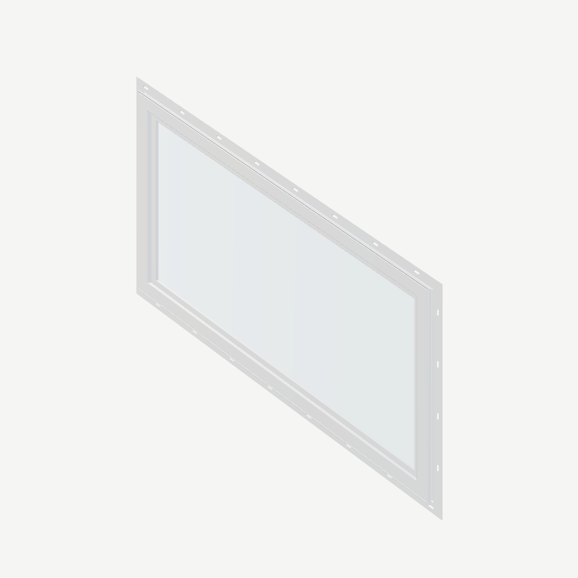 Angled interior view of the 36 × 48 inch parallelogram (left), white exterior / white interior, with nailing flange