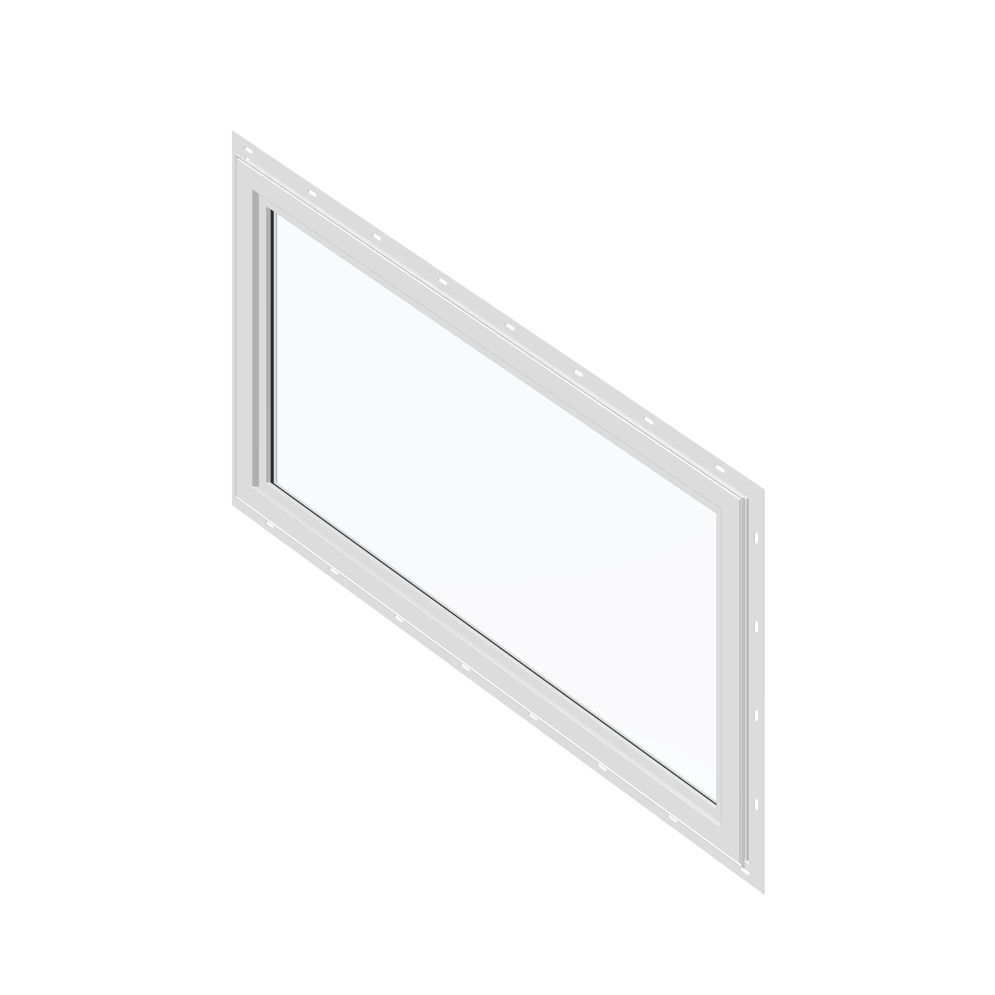 Angled interior view of the 36 × 48 inch parallelogram (left), white exterior / white interior, with nailing flange
