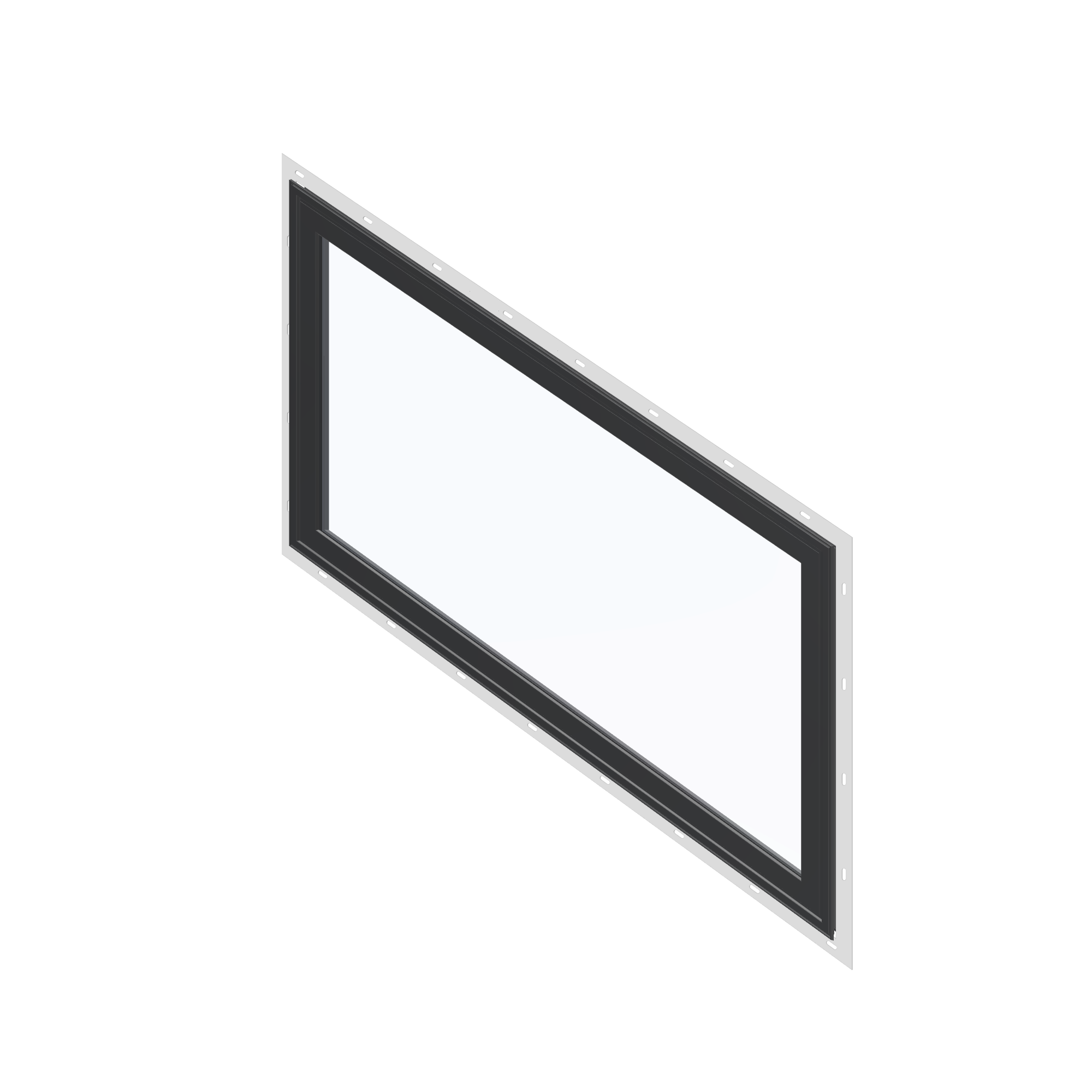 Angled exterior view of the 36 × 48 inch parallelogram (right), black exterior / black interior, with nailing flange