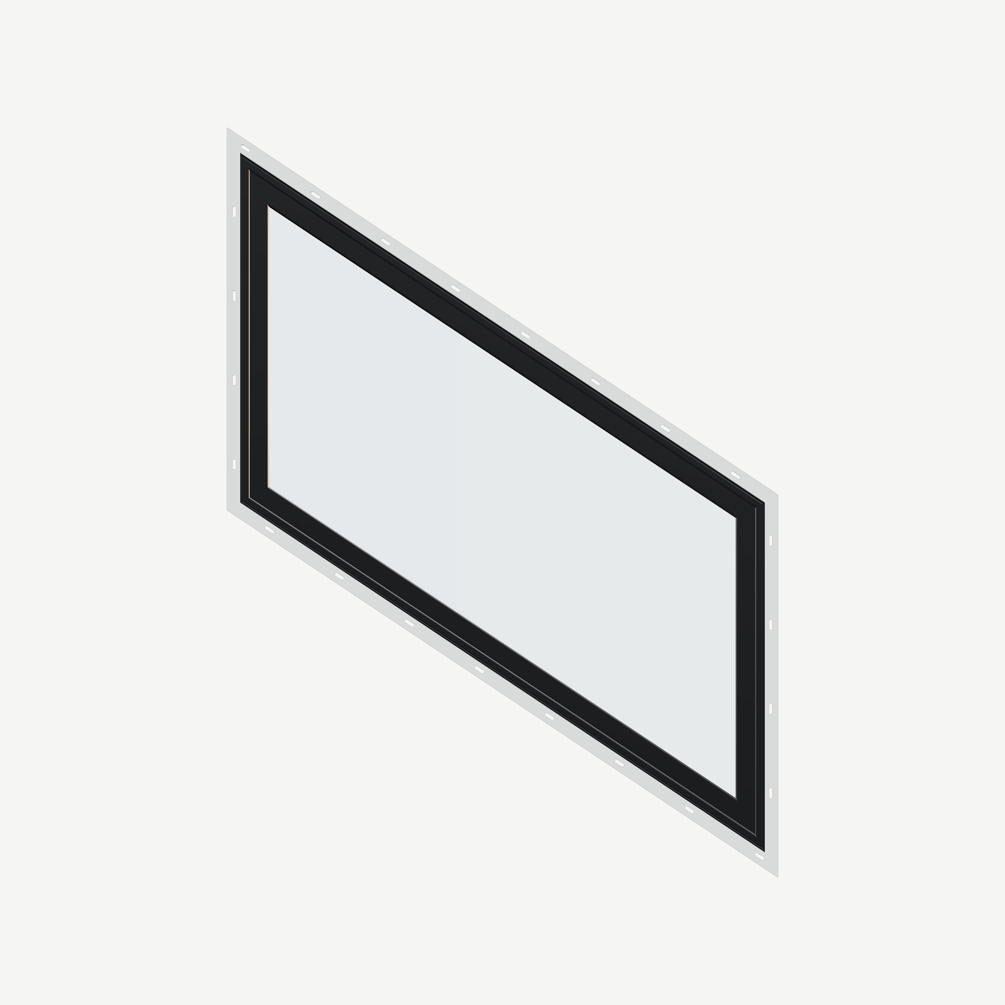 Straight exterior view of the 36 × 48 inch parallelogram (right), black exterior / black interior, with nailing flange