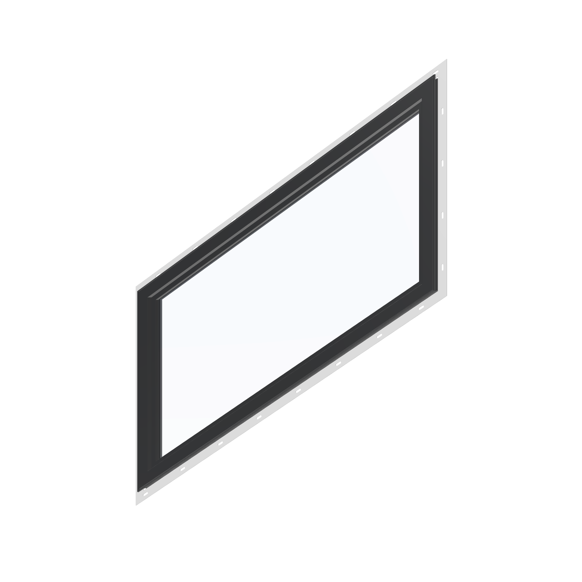 Angled interior view of the 36 × 48 inch parallelogram (right), black exterior / black interior, with nailing flange