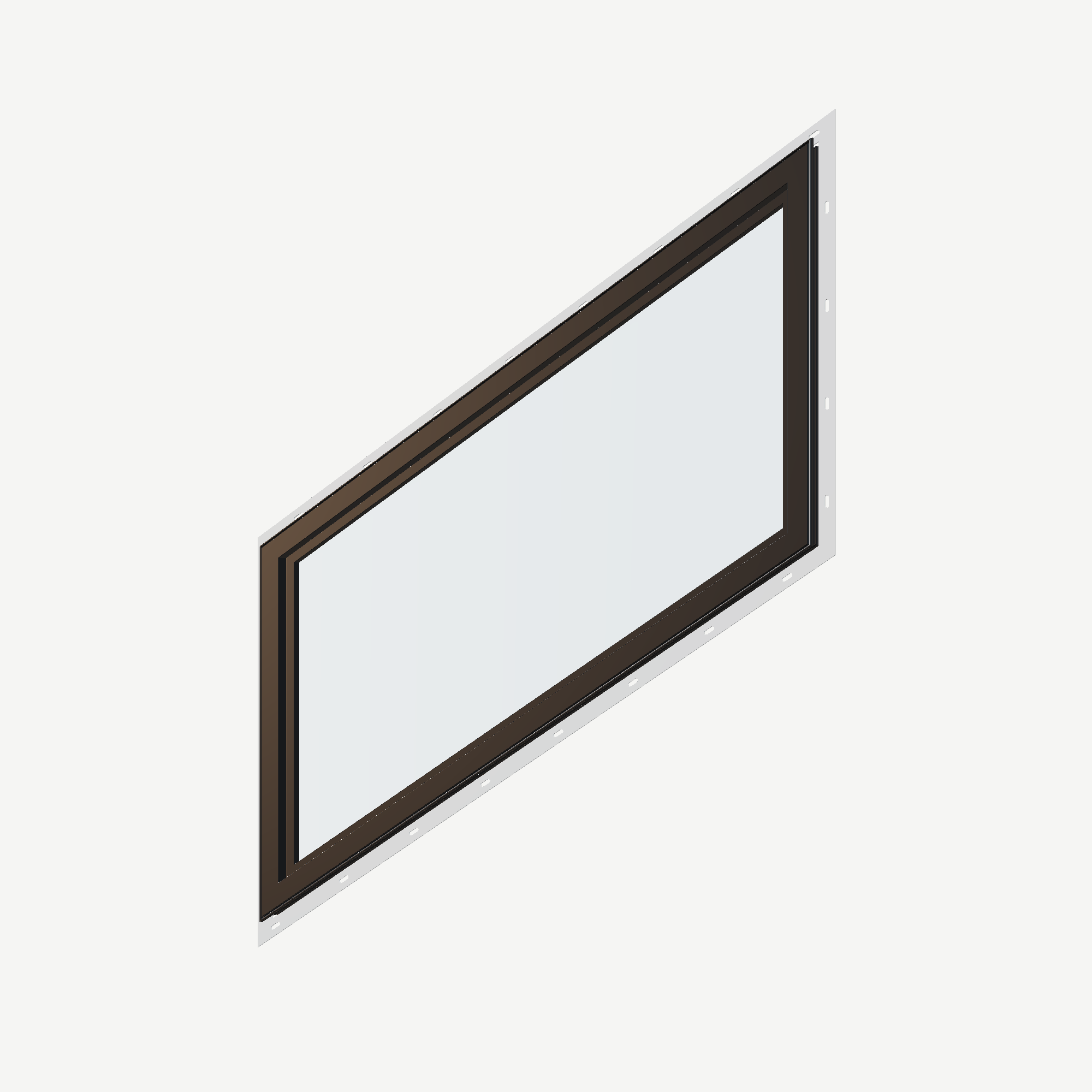 Angled interior view of the 36 × 48 inch parallelogram (right), black exterior / black interior, with nailing flange