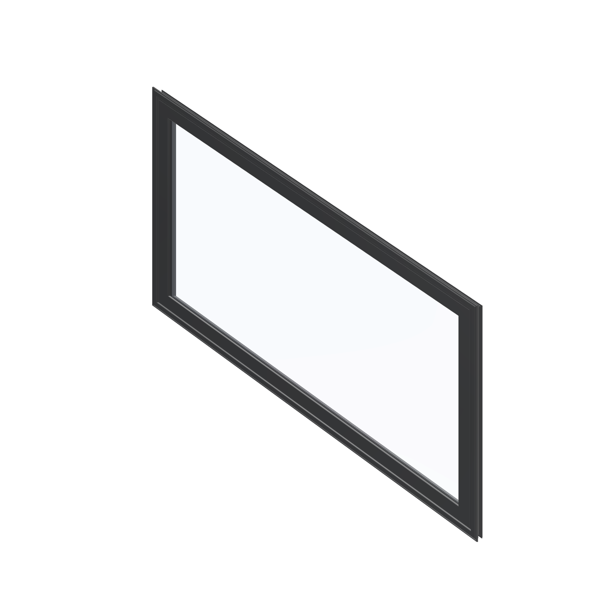 Angled exterior view of the 36 × 48 inch parallelogram (right), black exterior / black interior, without nailing flange